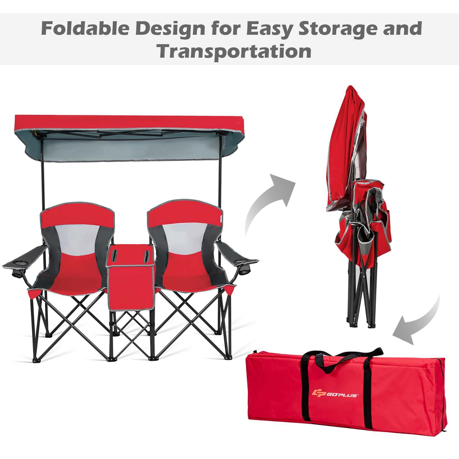 Goplus Portable Folding Camping Canopy Chairs w/ Cup Holder Cooler Outdoor Red