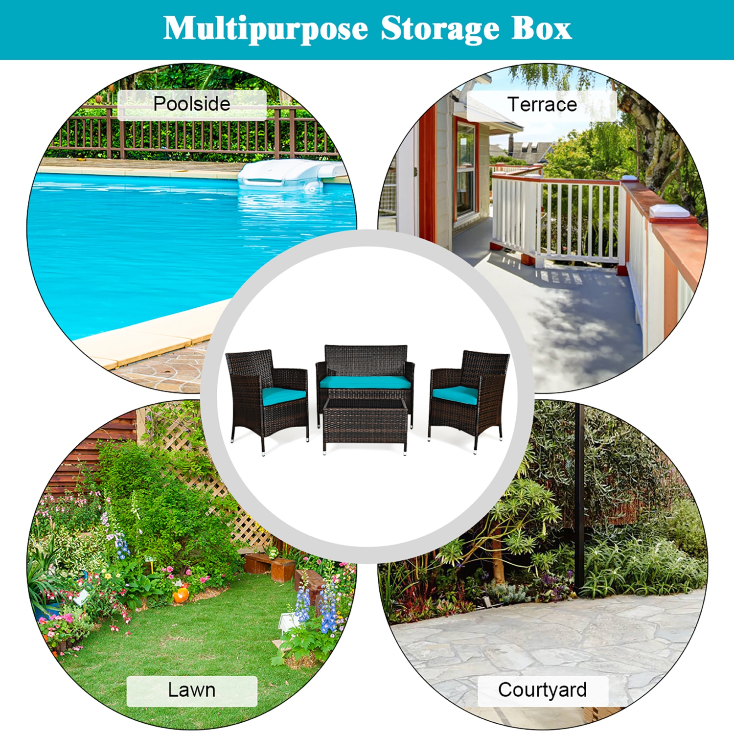 Costway 4PCS Rattan Patio Furniture Set Cushioned Sofa Chair Coffee Table