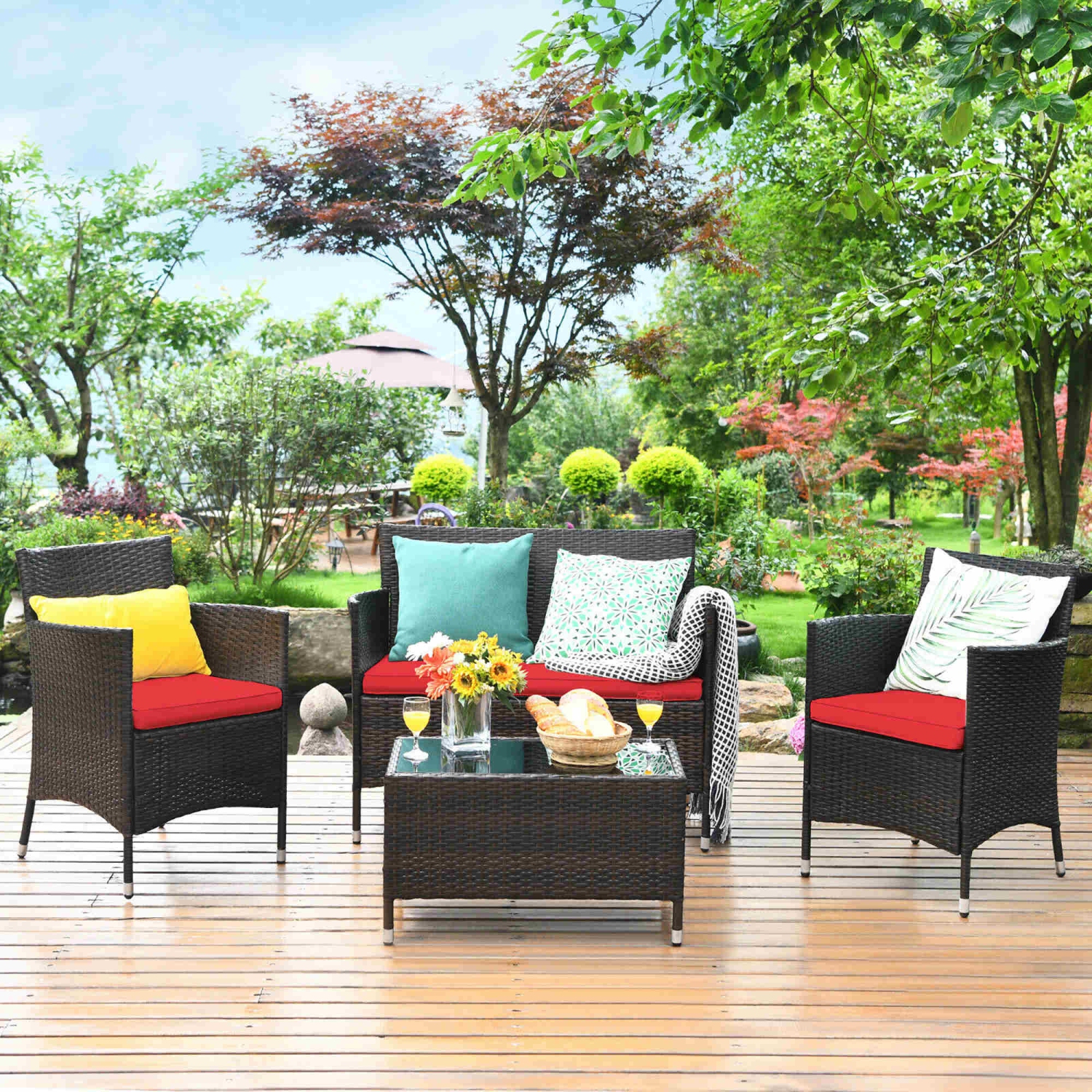 Costway 4PCS Rattan Patio Furniture Set Cushioned Sofa Chair Coffee Table