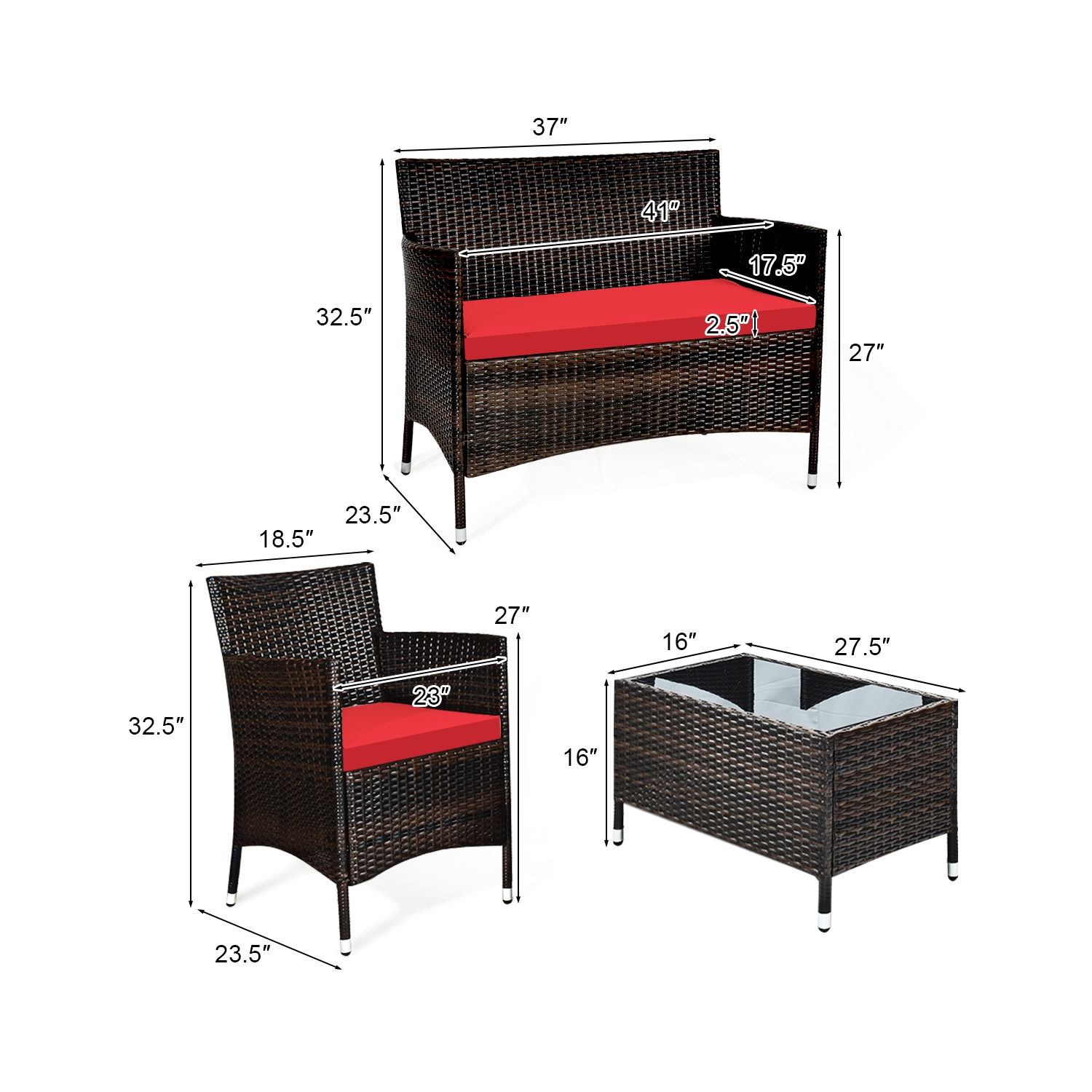 Costway 4PCS Rattan Patio Furniture Set Cushioned Sofa Chair Coffee Table