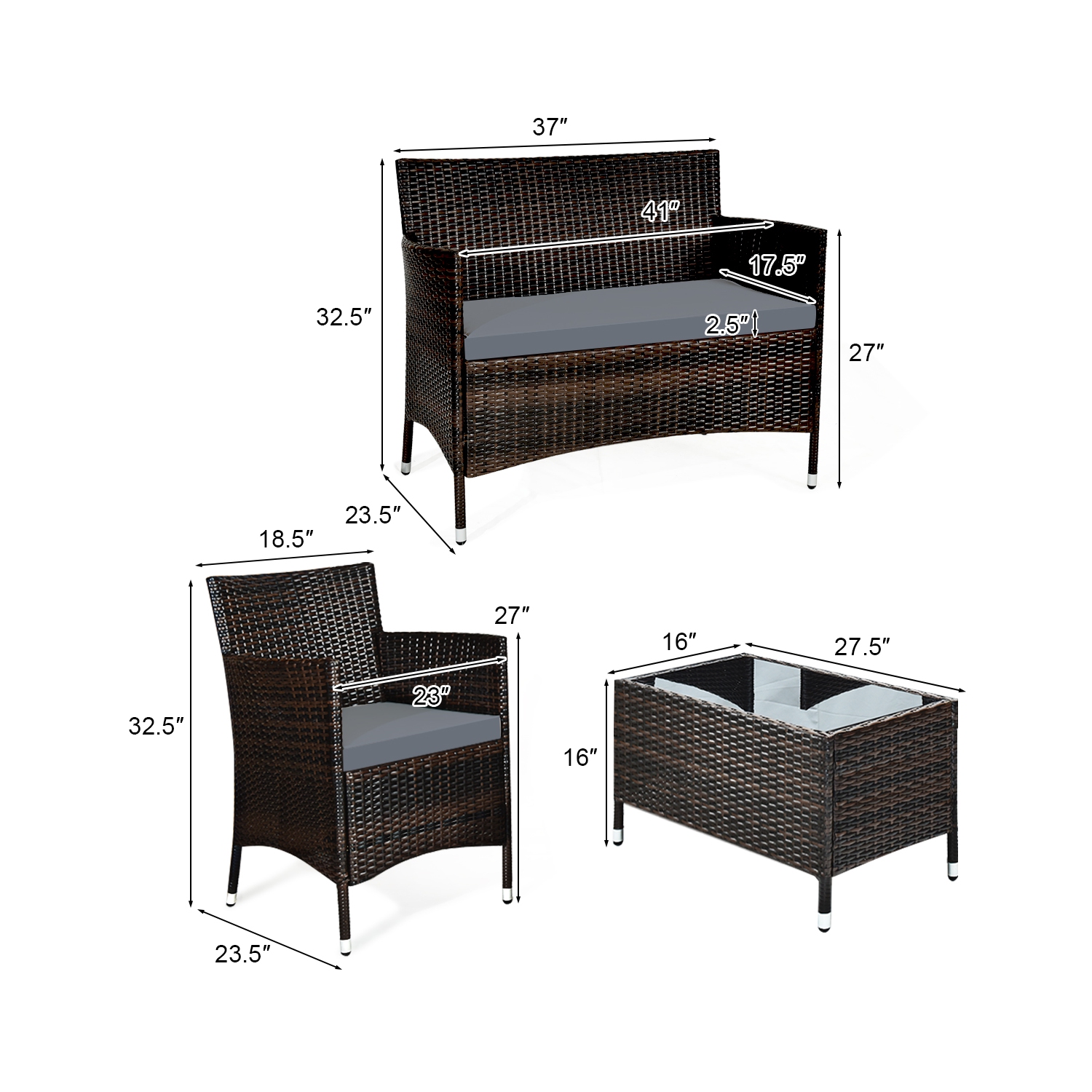 Costway 4PCS Rattan Patio Furniture Set Cushioned Sofa Chair Coffee Table