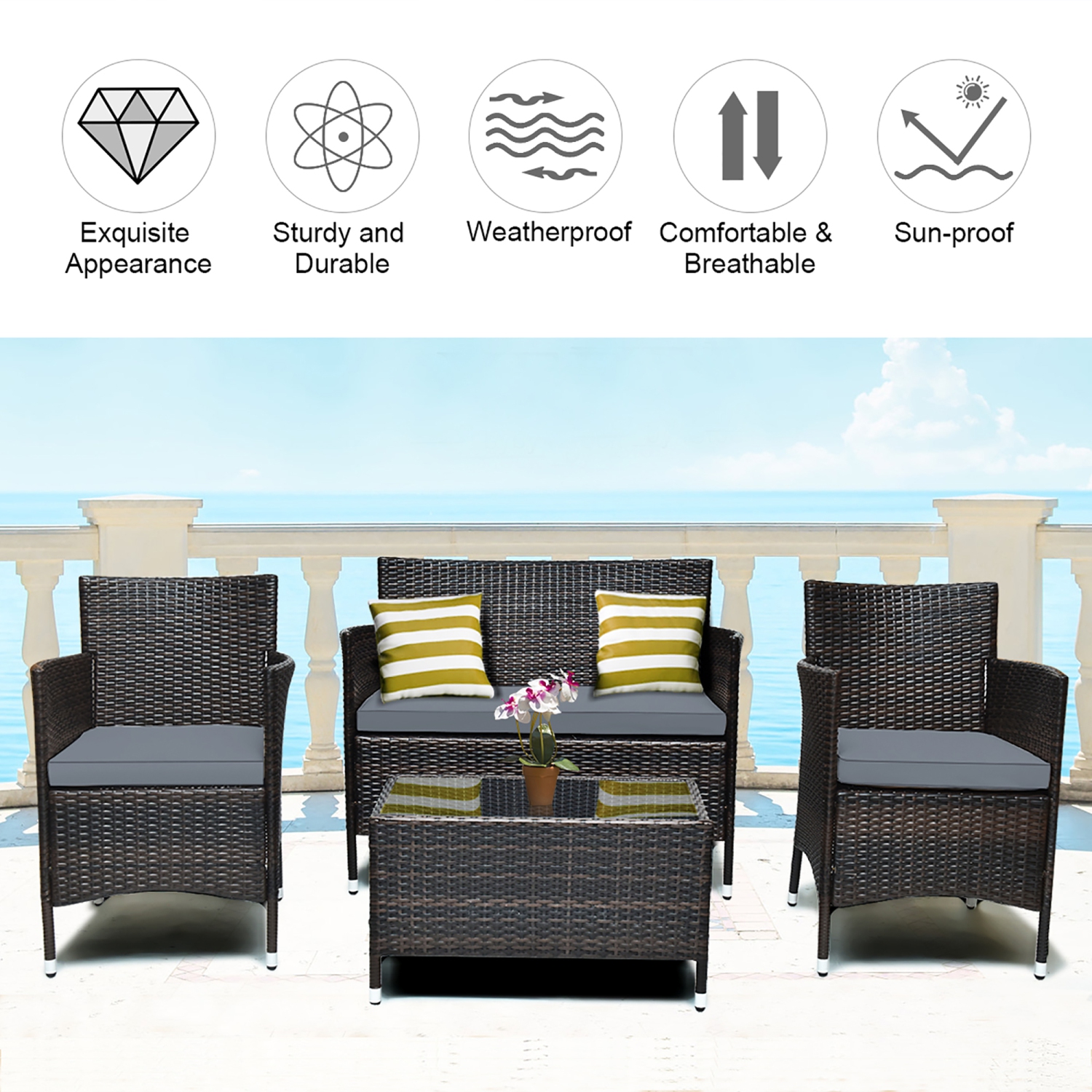 Costway 4PCS Rattan Patio Furniture Set Cushioned Sofa Chair Coffee Table