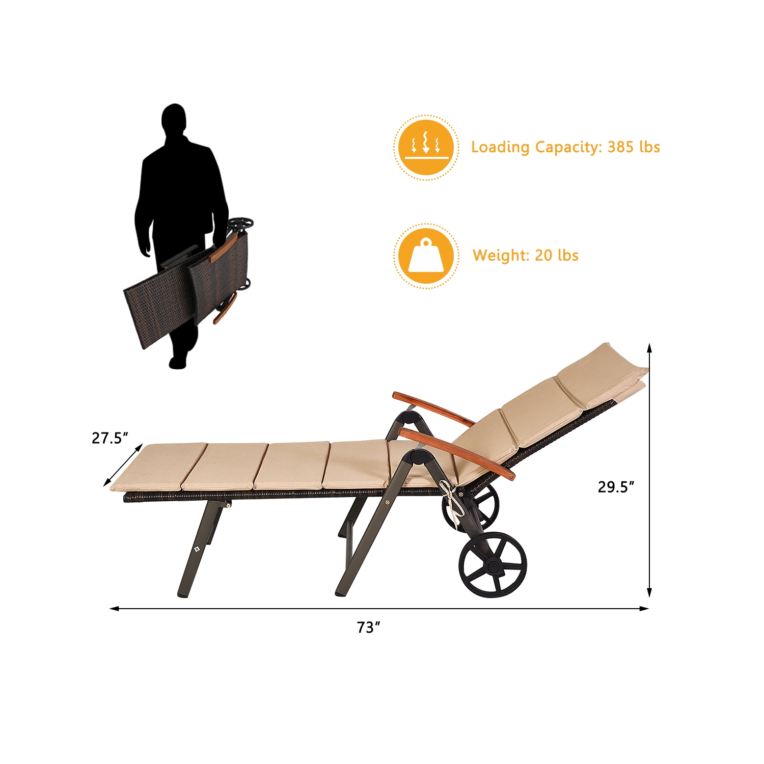 Costway Folding Outdoor Pool Chaise Lounge Chair Aluminum Rattan Lounger Recliner Chair with Wheels