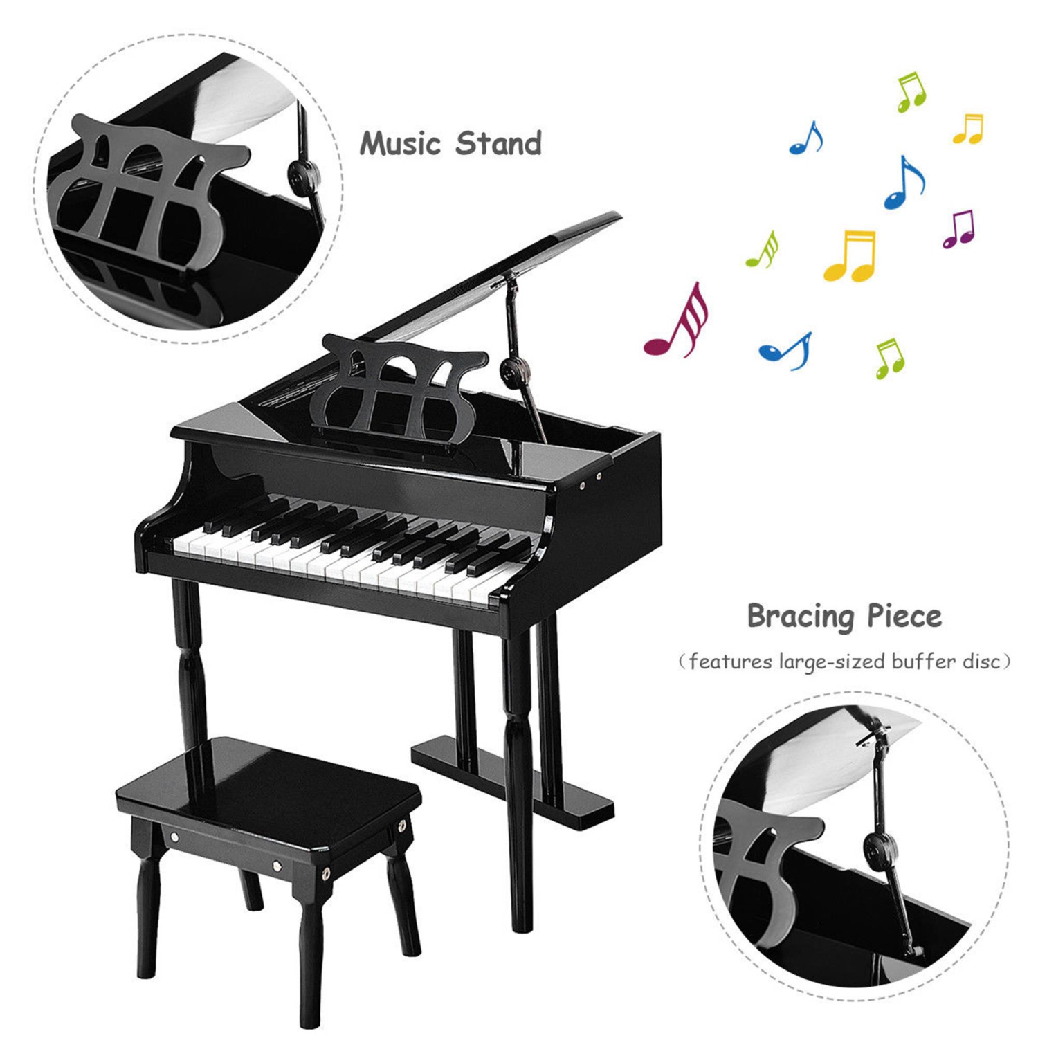 Children 30-Key Piano with Bench – Black