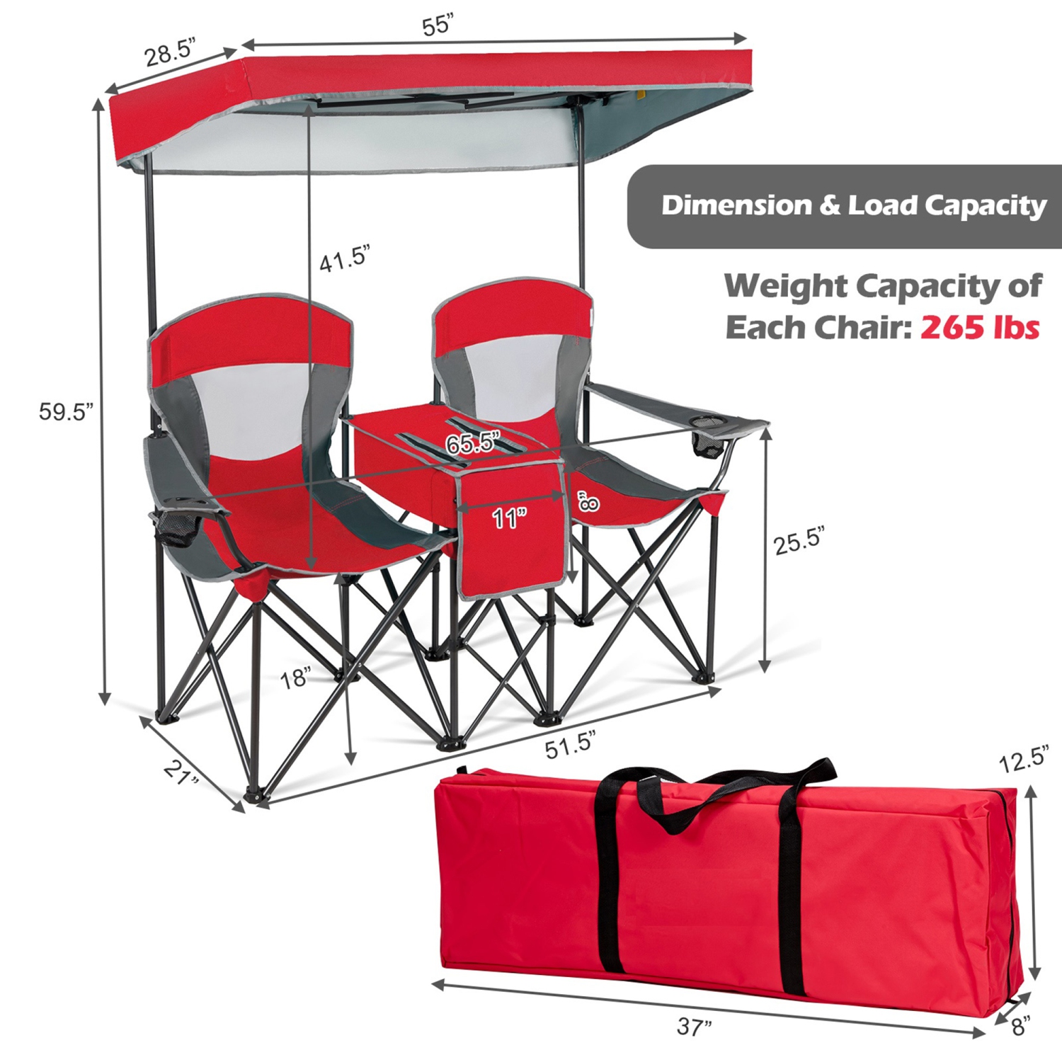 Gymax Folding 2-person Camping Chairs Double Sunshade Chairs w/ Canopy Blue/Turquoise/Red