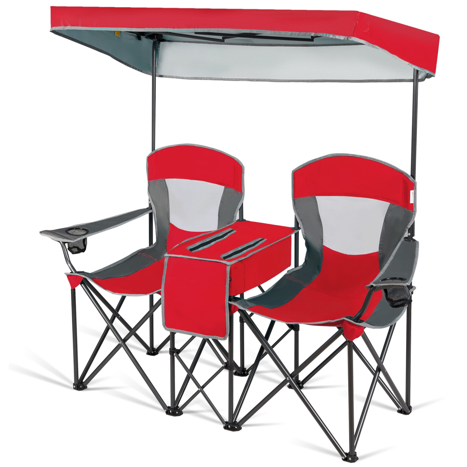 Gymax Folding 2-person Camping Chairs Double Sunshade Chairs w/ Canopy Blue/Turquoise/Red