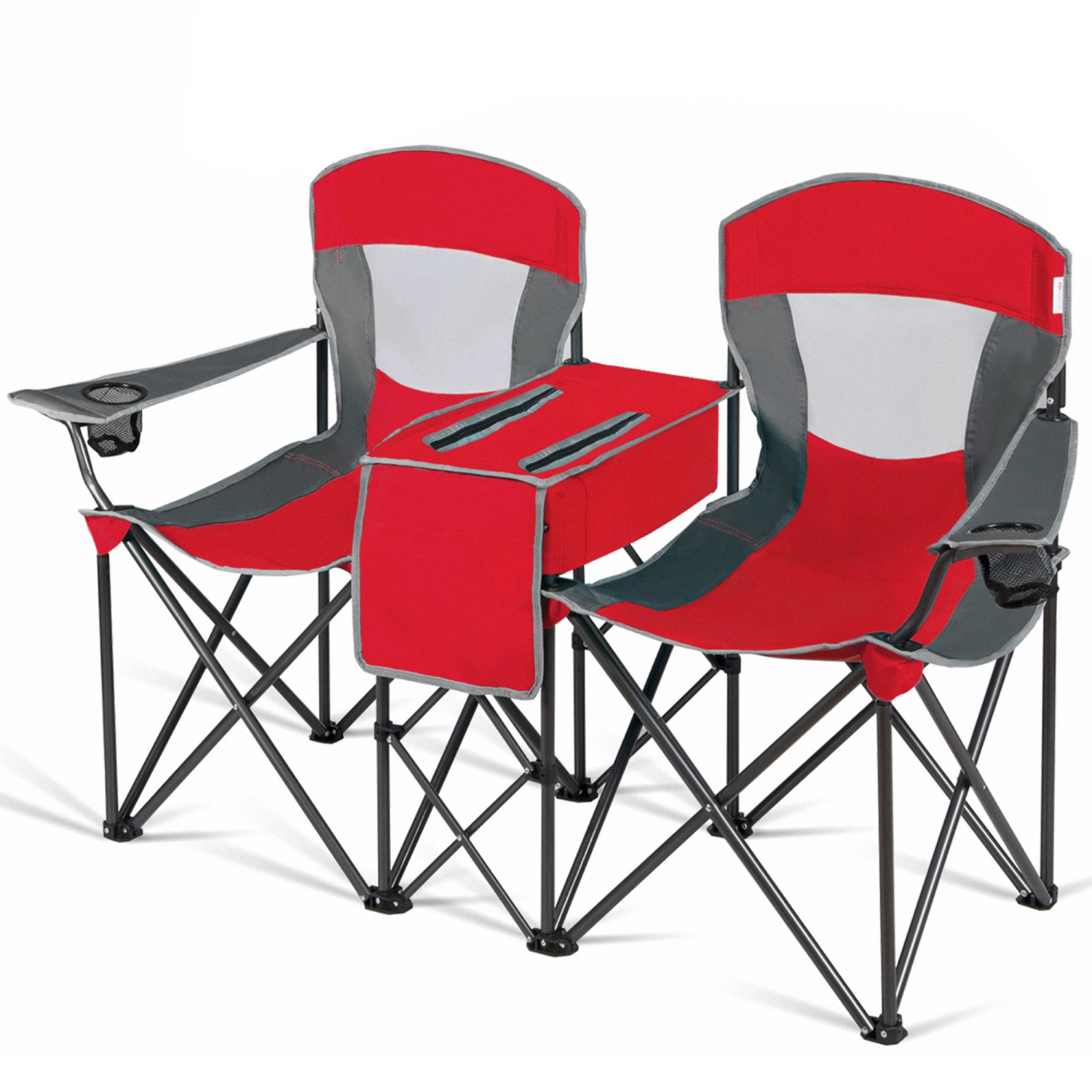 Gymax Folding 2-person Camping Chairs Double Sunshade Chairs w/ Canopy Blue/Turquoise/Red