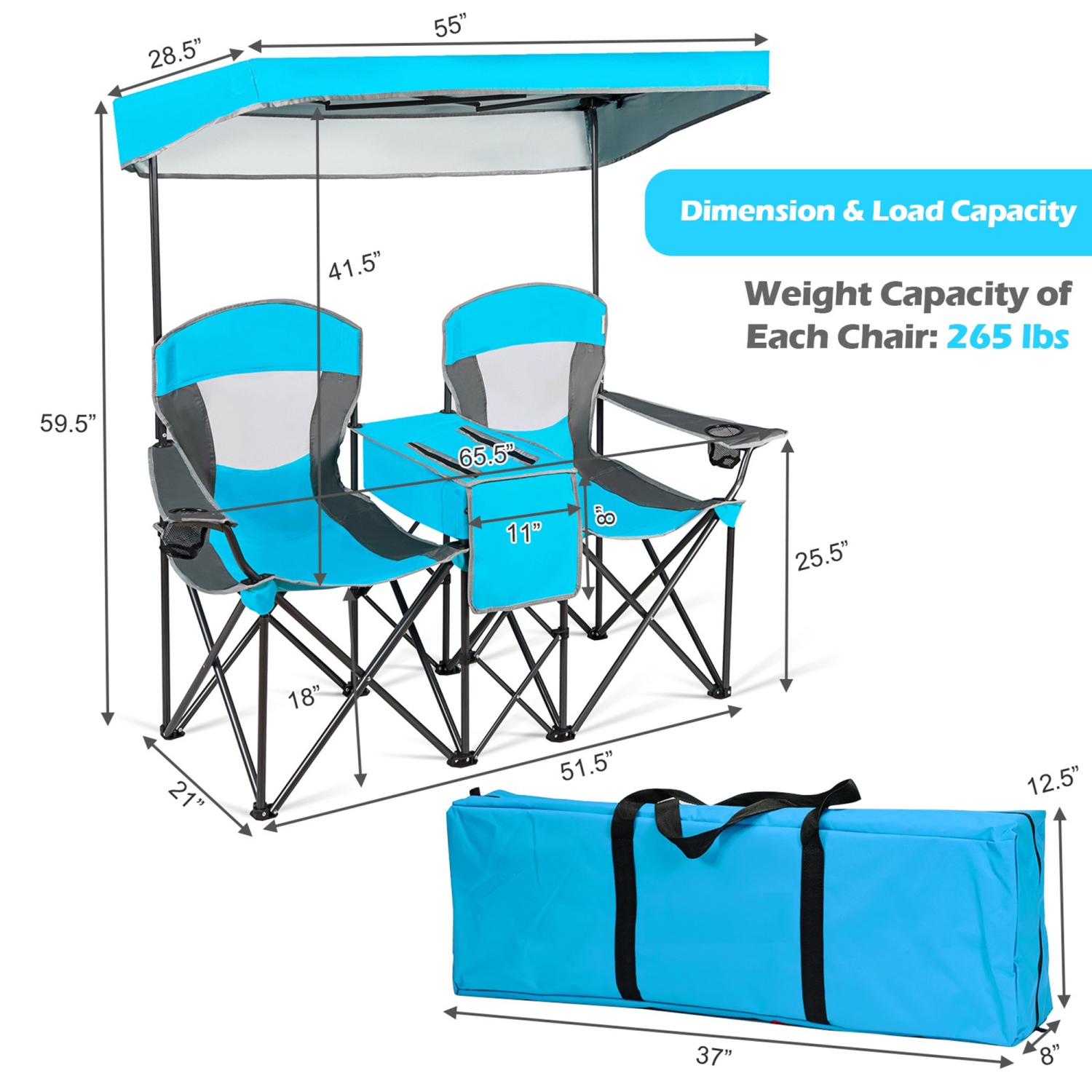 Gymax Folding 2-person Camping Chairs Double Sunshade Chairs w/ Canopy Blue/Turquoise/Red
