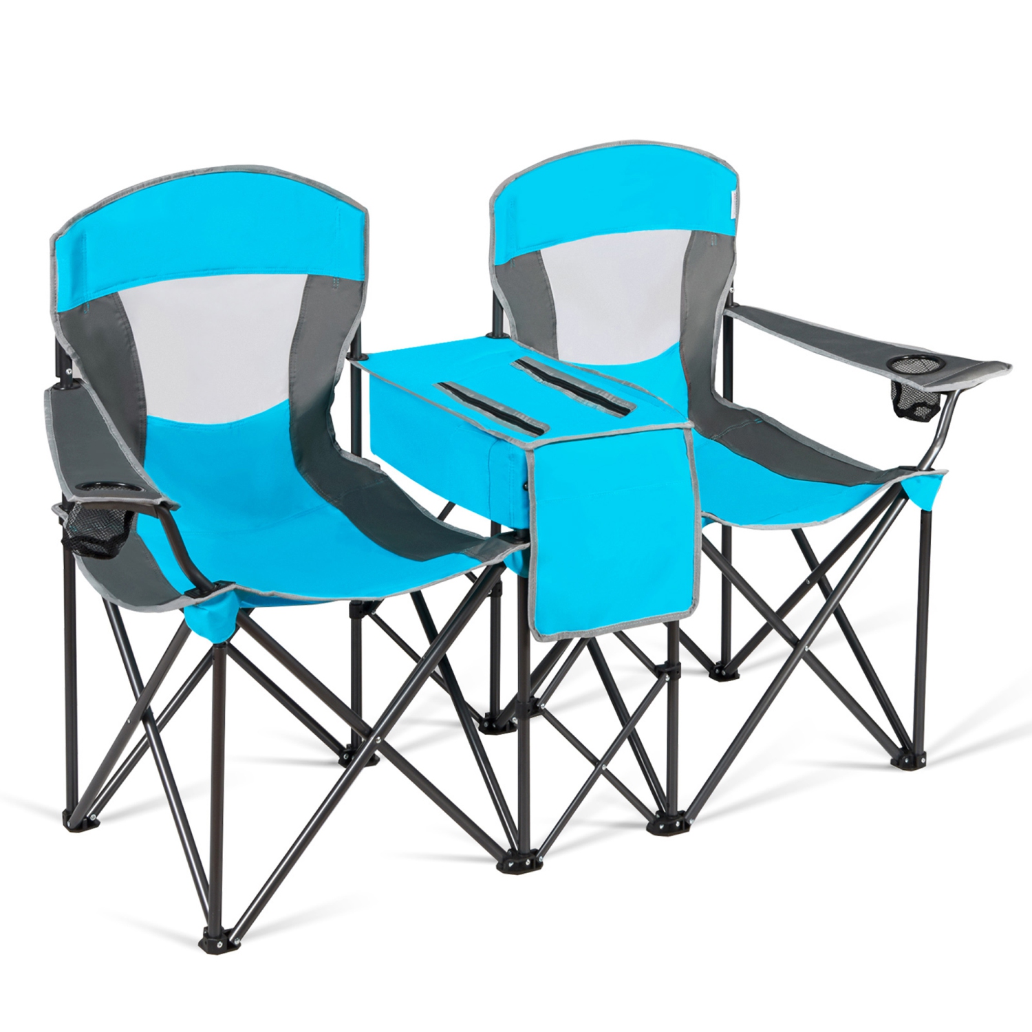 Gymax Folding 2-person Camping Chairs Double Sunshade Chairs w/ Canopy Blue/Turquoise/Red