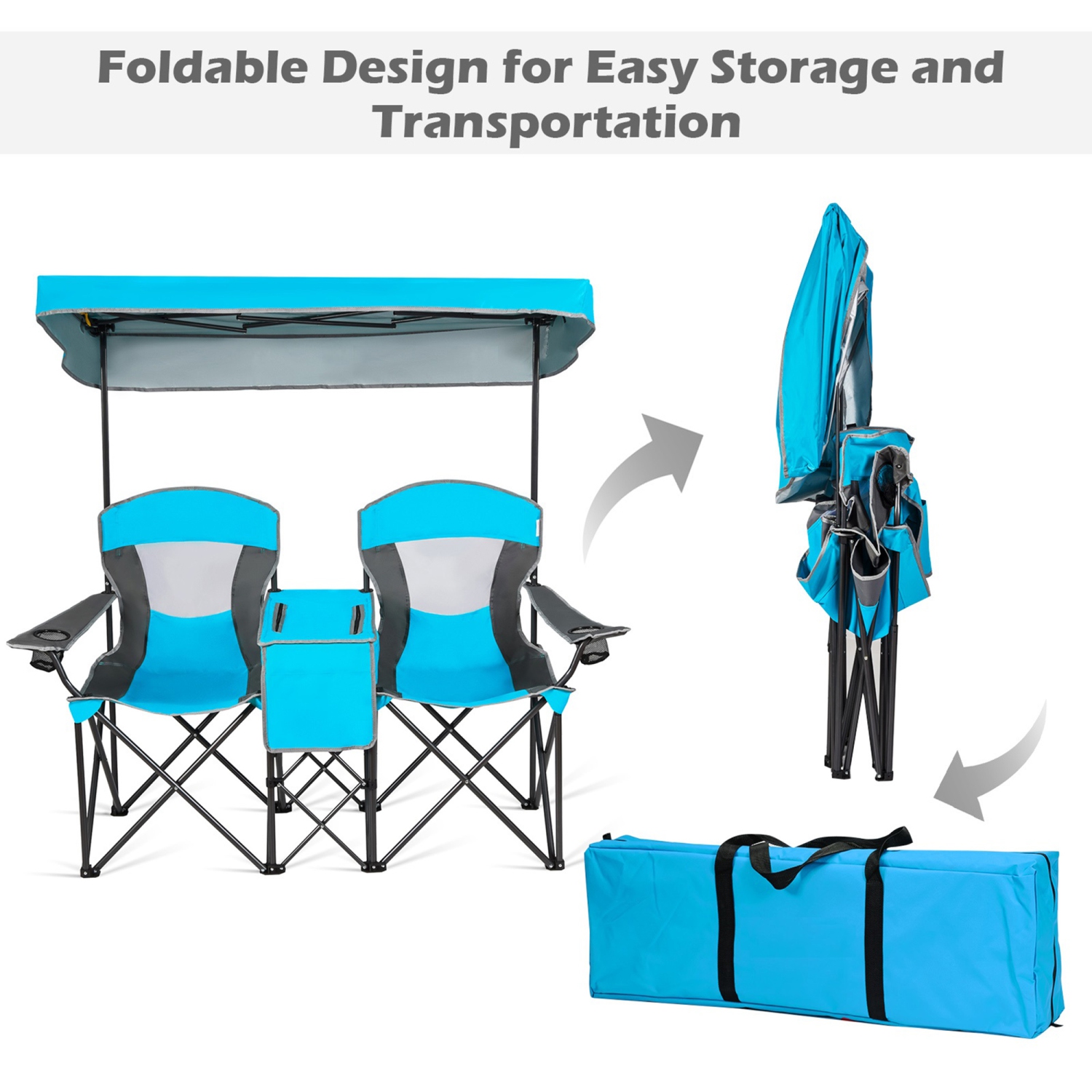Gymax Folding 2-person Camping Chairs Double Sunshade Chairs w/ Canopy Blue/Turquoise/Red