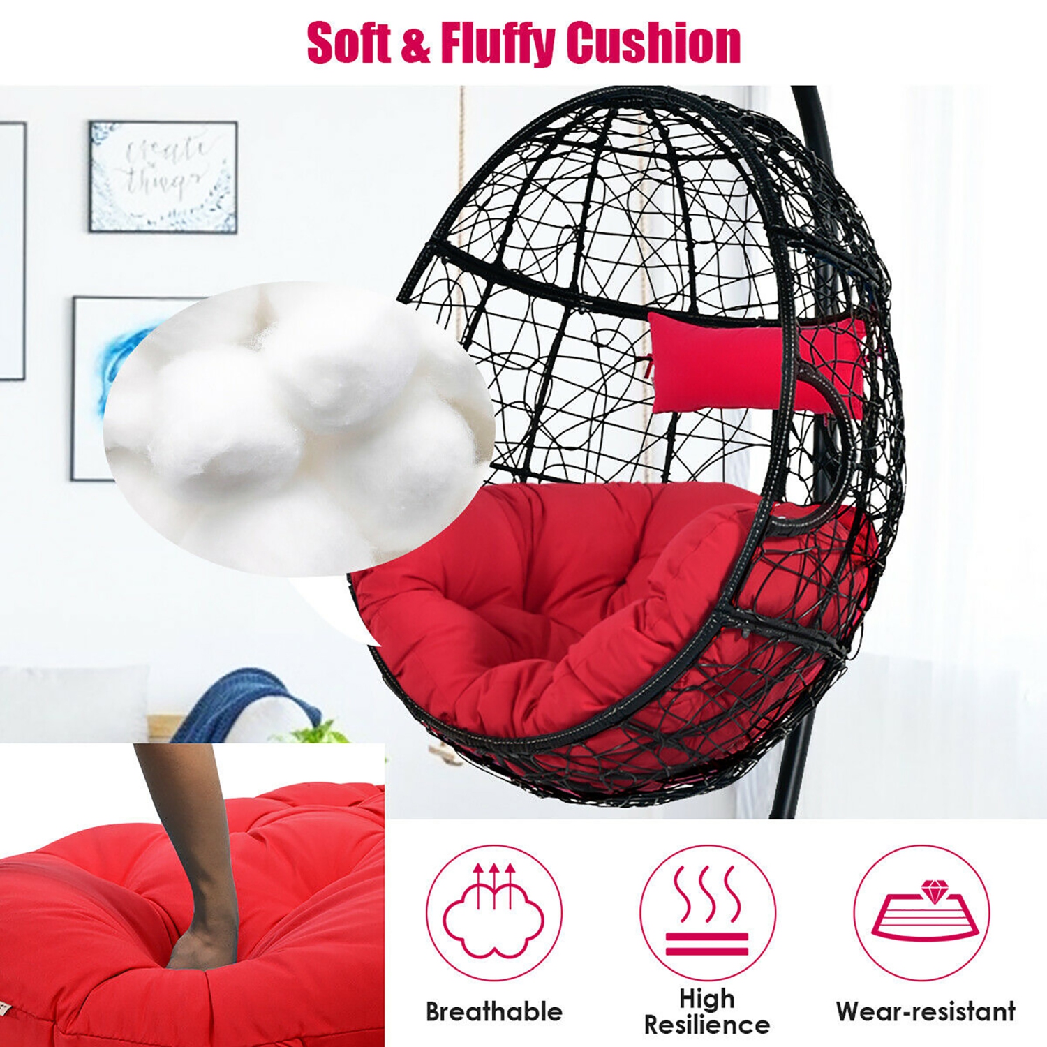 Costway Hammock Chair with Stand Hanging Cushioned Swing Egg Chair for Indoor