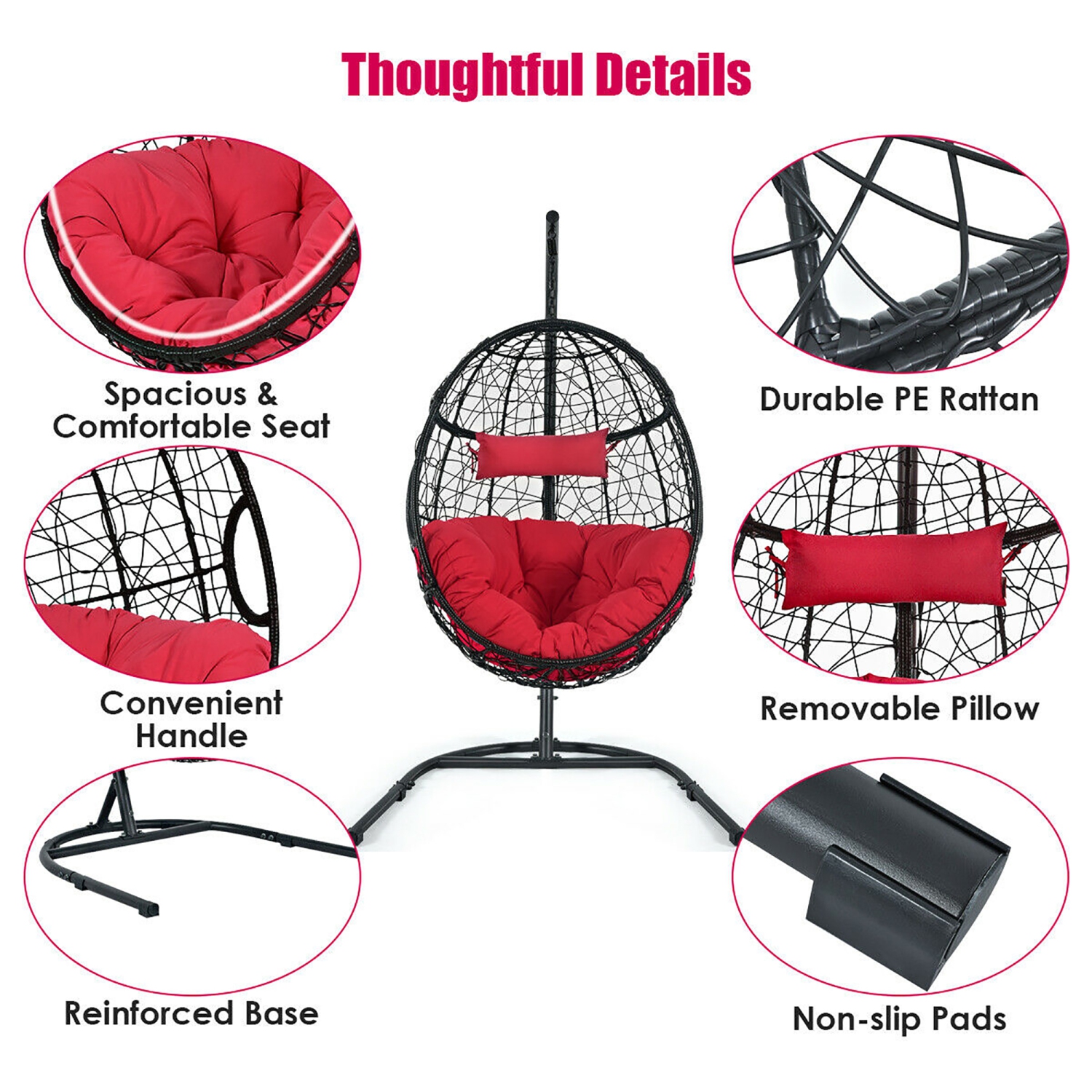 Costway Hammock Chair with Stand Hanging Cushioned Swing Egg Chair for Indoor