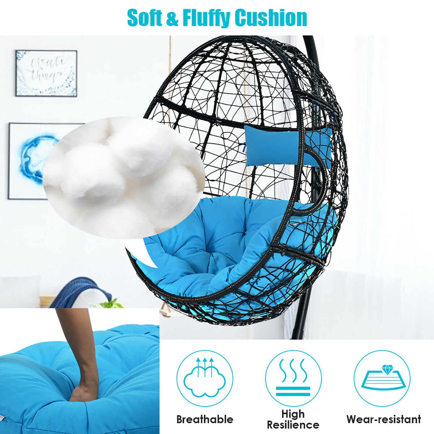 Costway Hammock Chair with Stand Hanging Cushioned Swing Egg Chair for Indoor