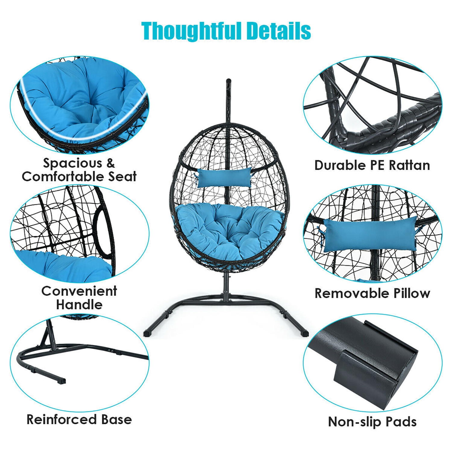 Costway Hammock Chair with Stand Hanging Cushioned Swing Egg Chair for Indoor