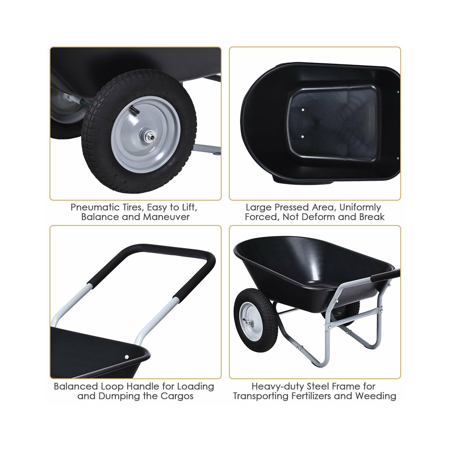 Costway 2 Tire Wheelbarrow Cart Heavy-duty Dolly Utility Cart Black