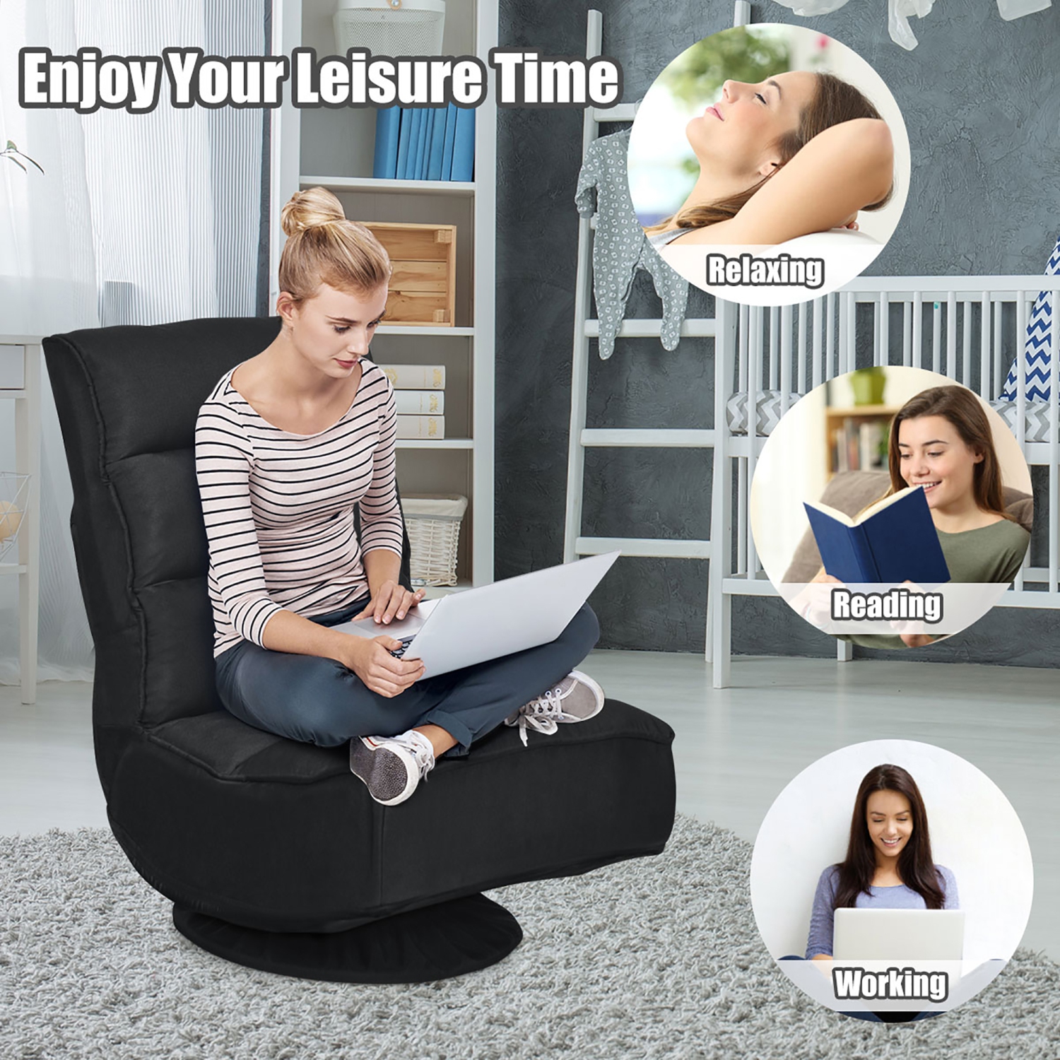 Costway Gaming Chair Fabric 5-Position Folding Lazy Sofa 360 Degree Swivel