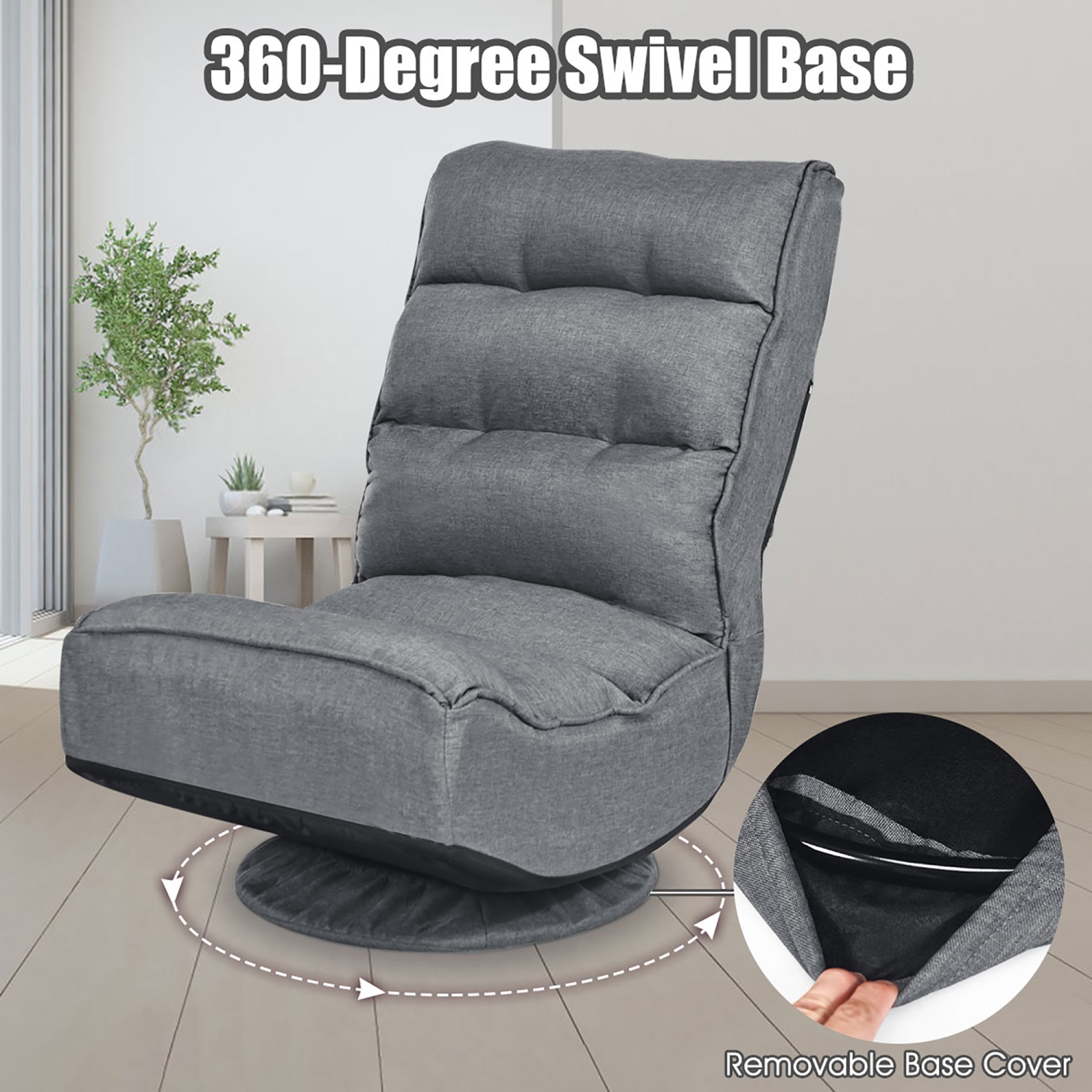 Costway Gaming Chair Fabric 6-Position Folding Lazy Sofa 360 Degree Swivel Grey