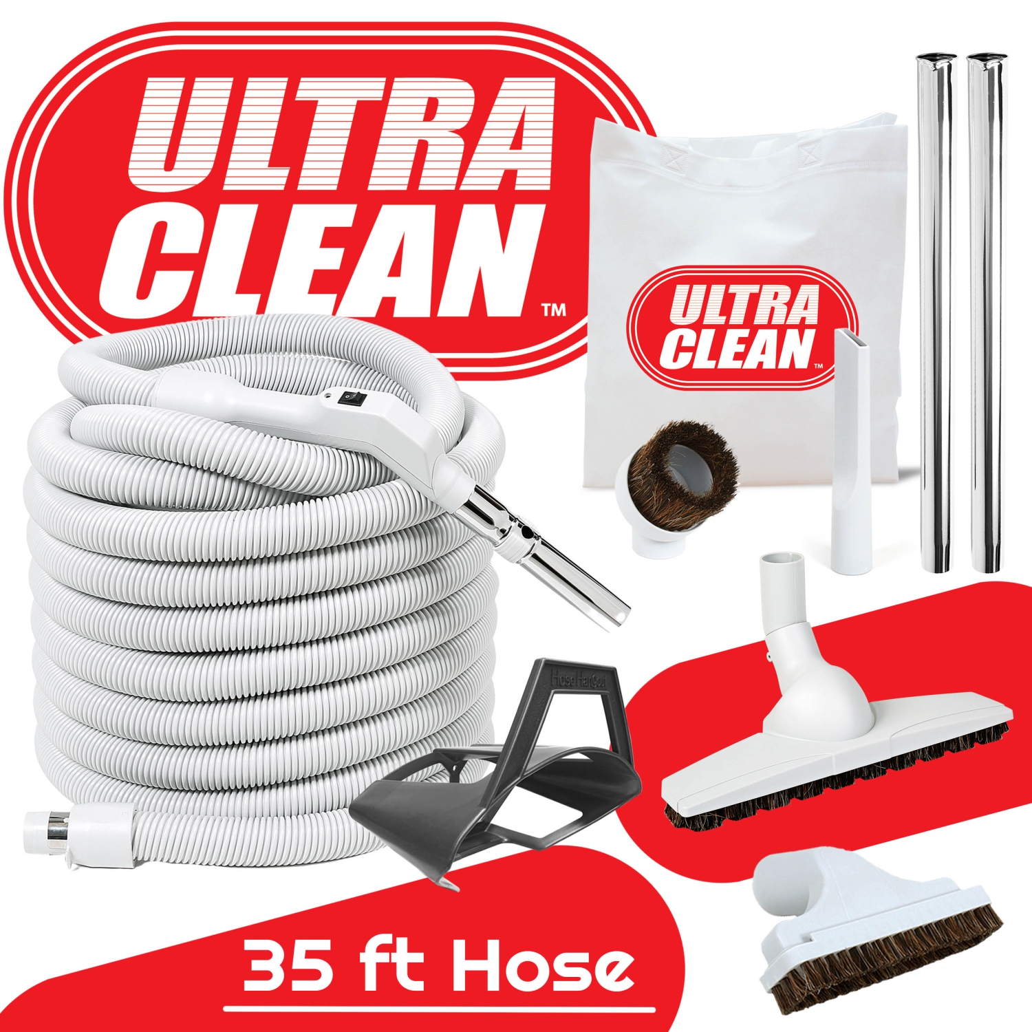 ULTRA CLEAN Central Vacuum Deluxe Hose and Accessories kit for Hardwood, Tile, Ceramic and Bare Flooring