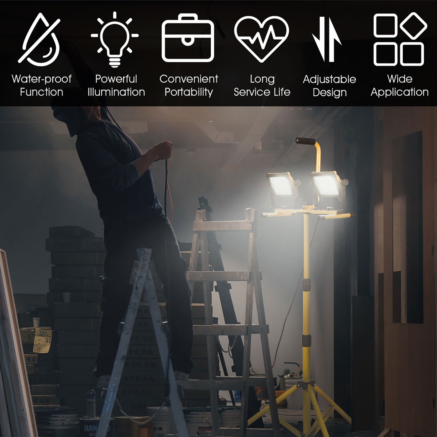 Costway 100W 10,000lm LED Dual-Head Work Light w/Adjustable Tripod Stand IP65 Waterproof