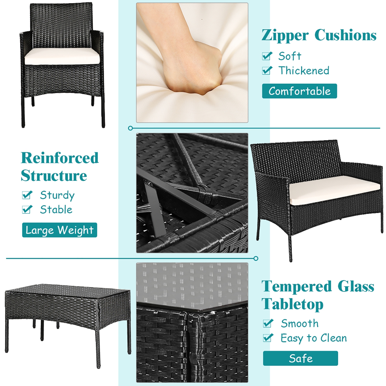 Costway Ensemble de 4 Pièces de Mobilier de Terrasse en Osier Ensemble de Conversation Pour Balcons, Jardins, Coté Piscine