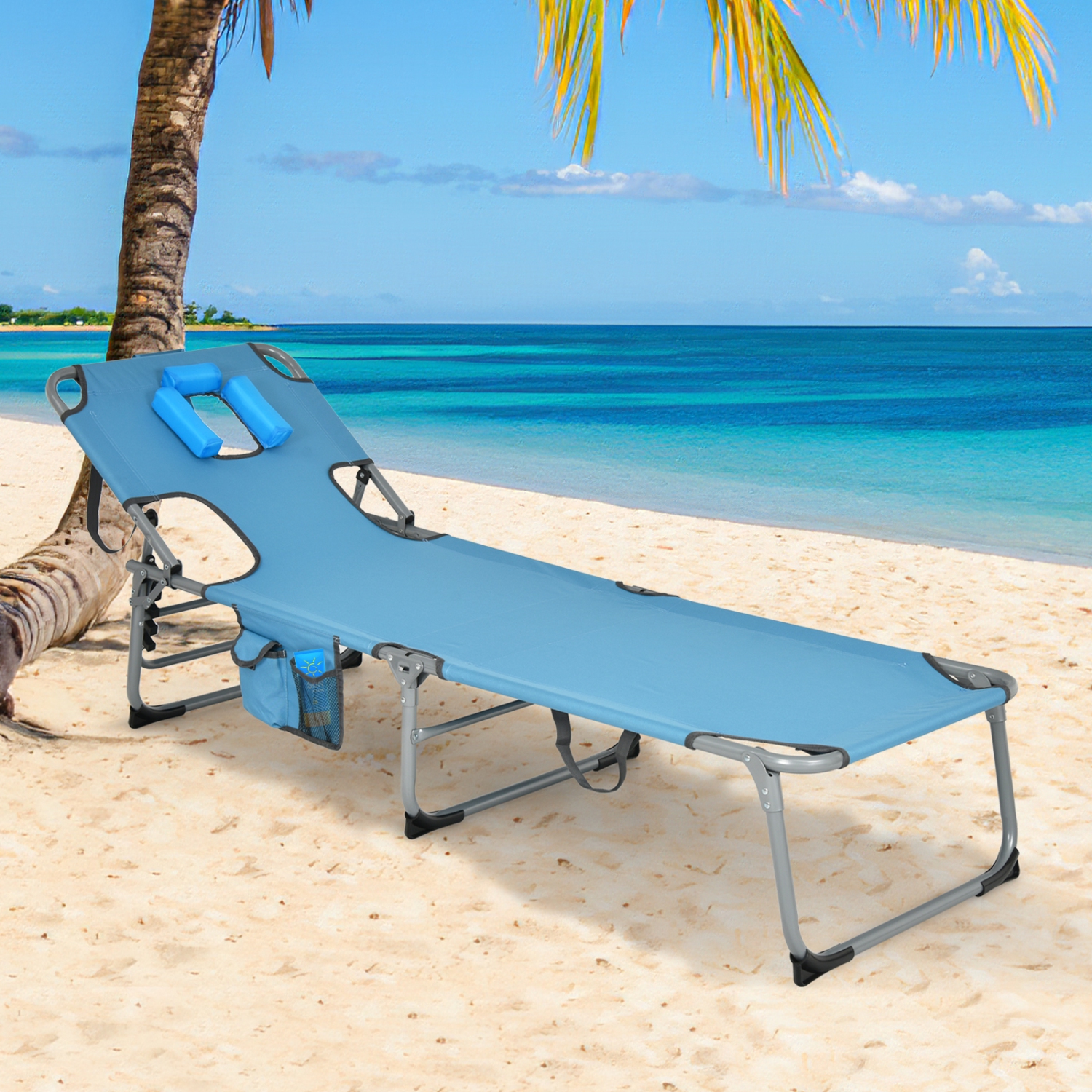 Costway Folding Beach Lounge Chair with Arm Holes Detachable Pillow Storage Pocket Outdoor