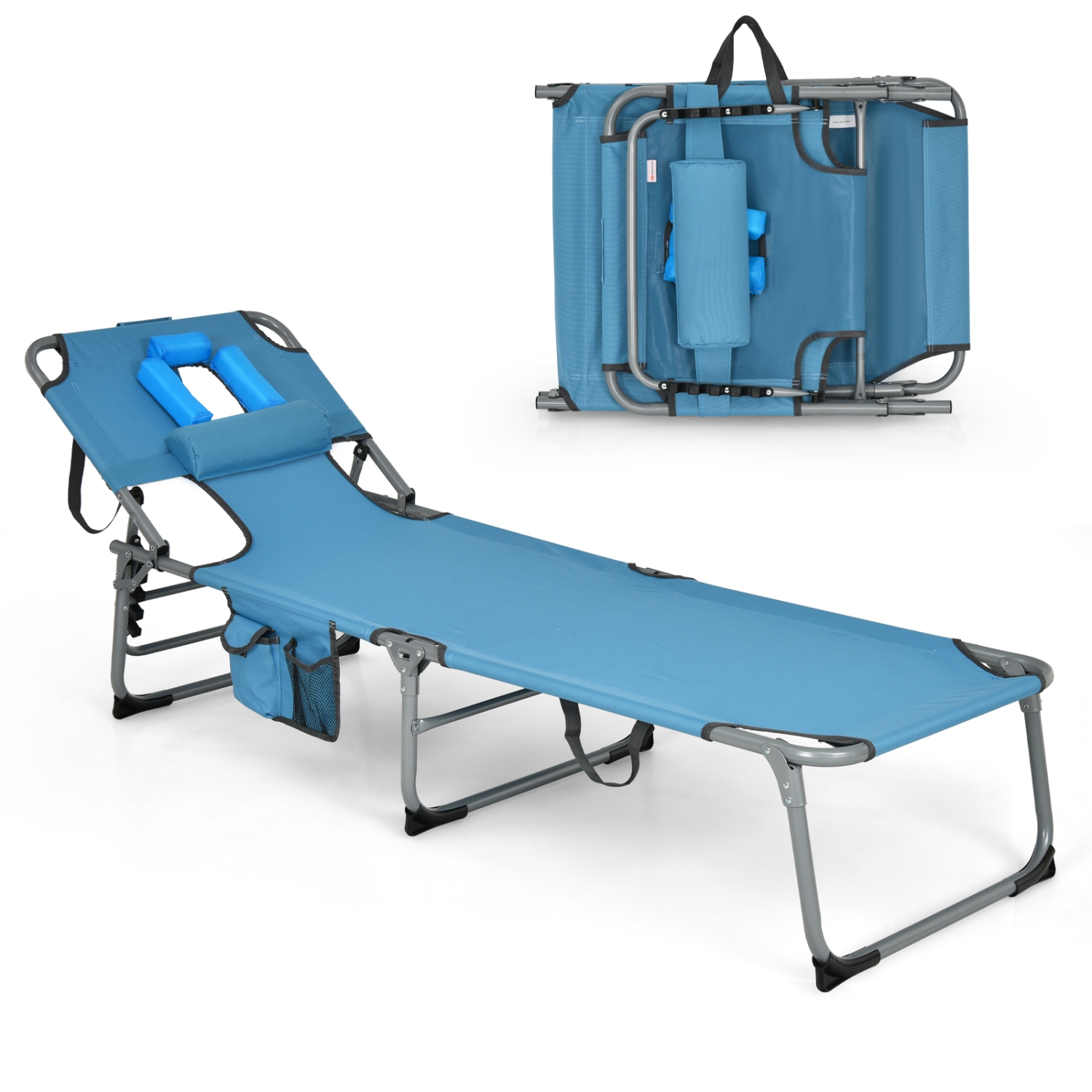 Costway Folding Beach Lounge Chair with Arm Holes Detachable Pillow Storage Pocket Outdoor