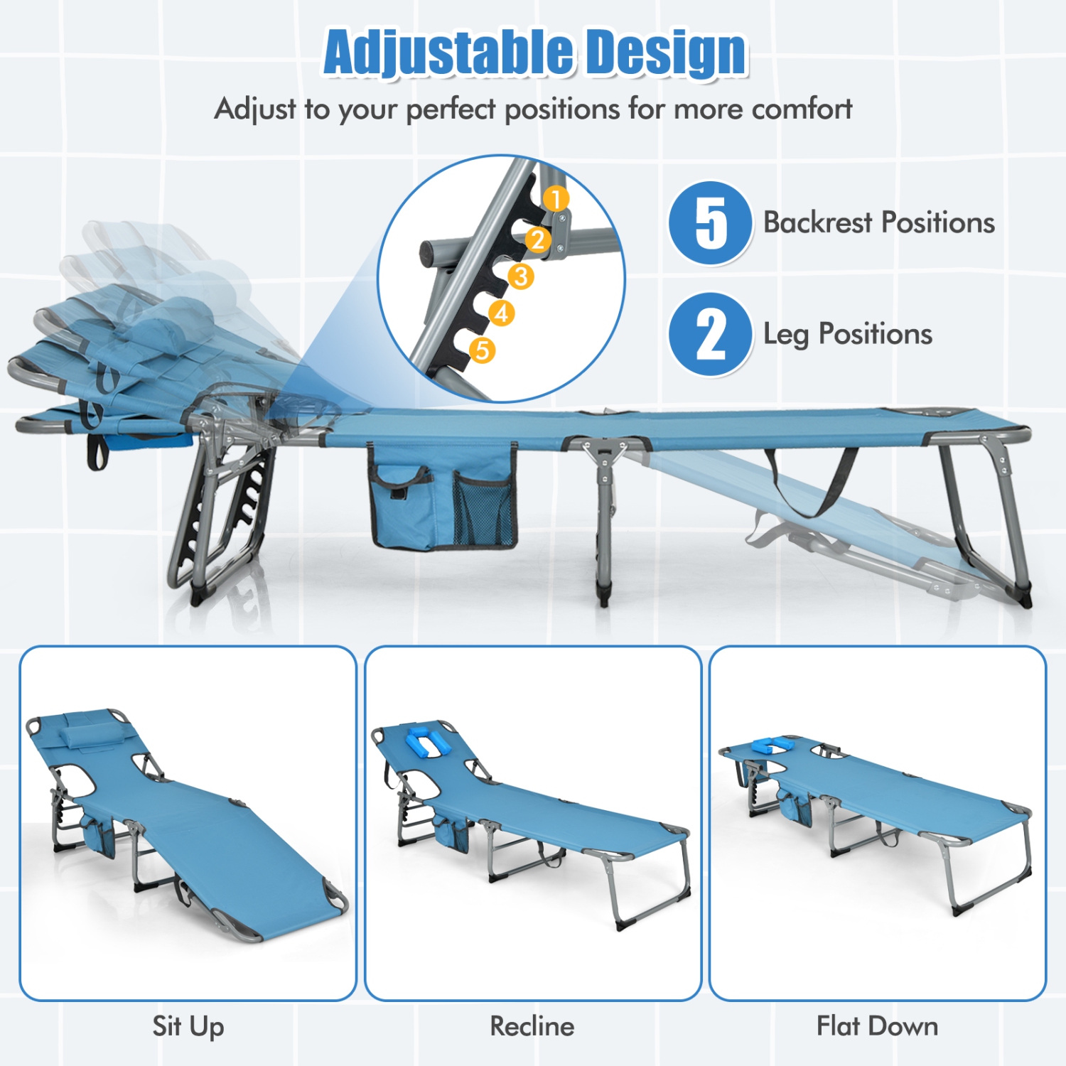 Costway Folding Beach Lounge Chair with Arm Holes Detachable Pillow Storage Pocket Outdoor