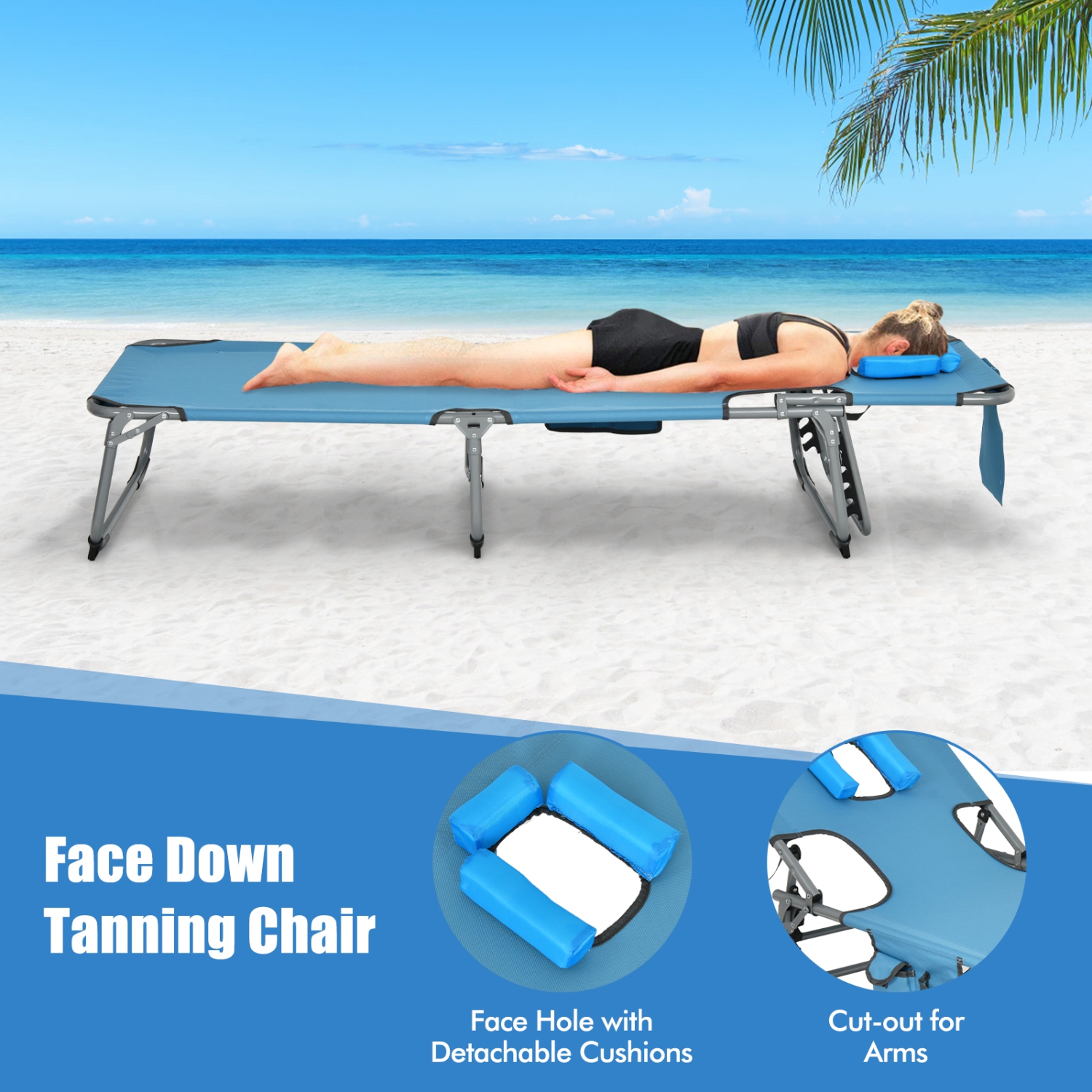 Costway Folding Beach Lounge Chair with Arm Holes Detachable Pillow Storage Pocket Outdoor