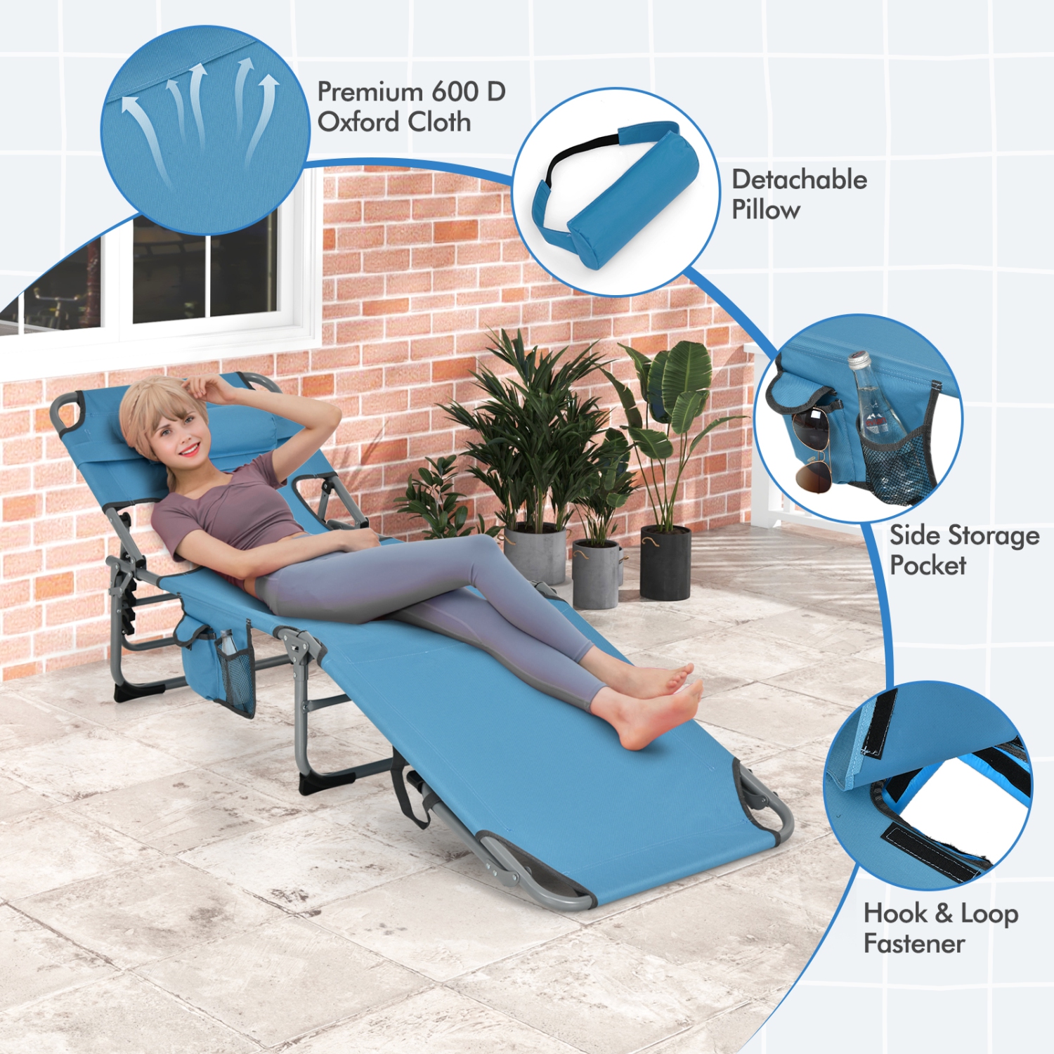 Costway Folding Beach Lounge Chair with Arm Holes Detachable Pillow Storage Pocket Outdoor