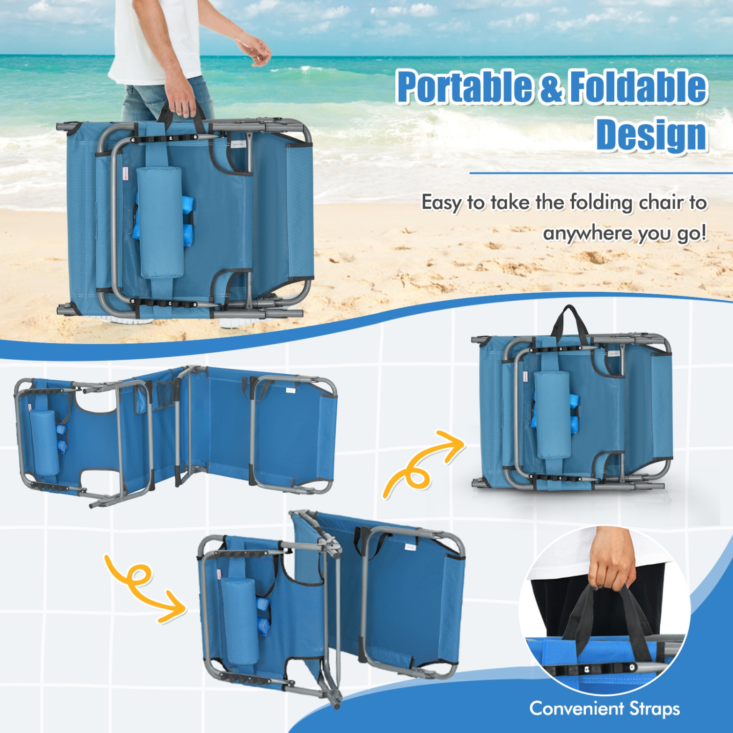 Costway Folding Beach Lounge Chair with Arm Holes Detachable Pillow Storage Pocket Outdoor