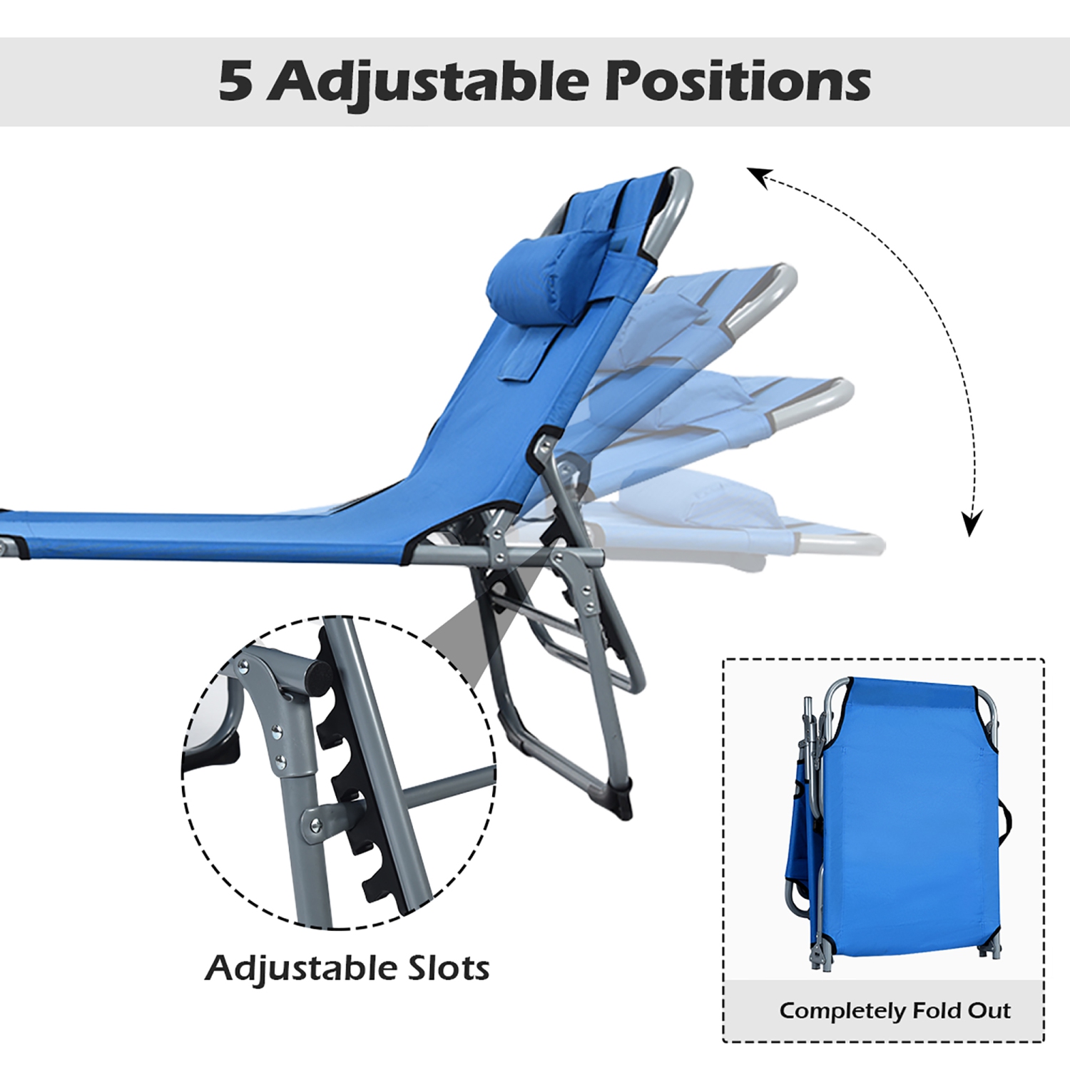 Costway Folding Beach Lounge Chair with Arm Holes Detachable Pillow Storage Pocket Outdoor