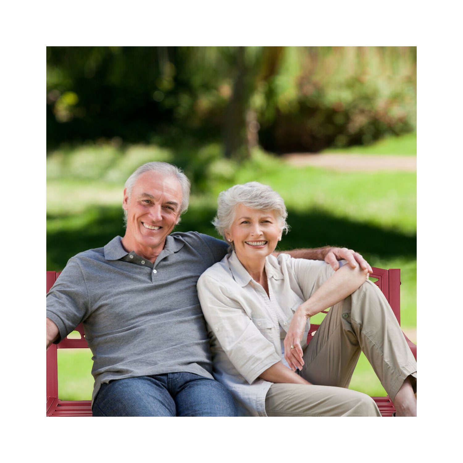 Costway Patio Garden Bench Park Yard Outdoor Furniture Cast Iron Porch Chair Red