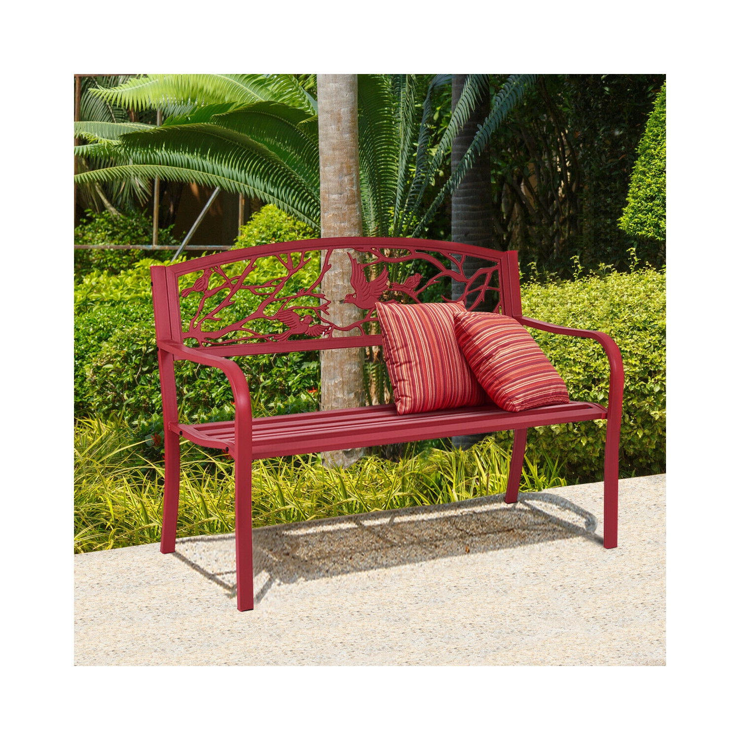 Costway Patio Garden Bench Park Yard Outdoor Furniture Cast Iron Porch Chair Red
