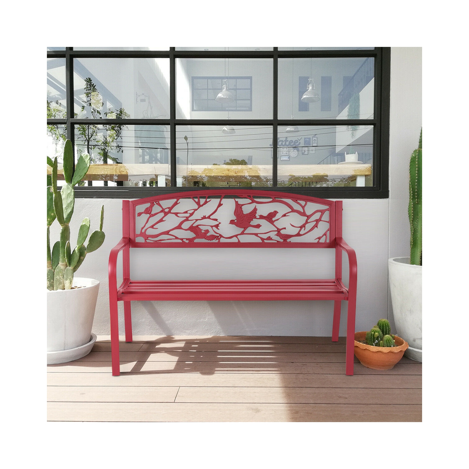 Costway Patio Garden Bench Park Yard Outdoor Furniture Cast Iron Porch Chair Red