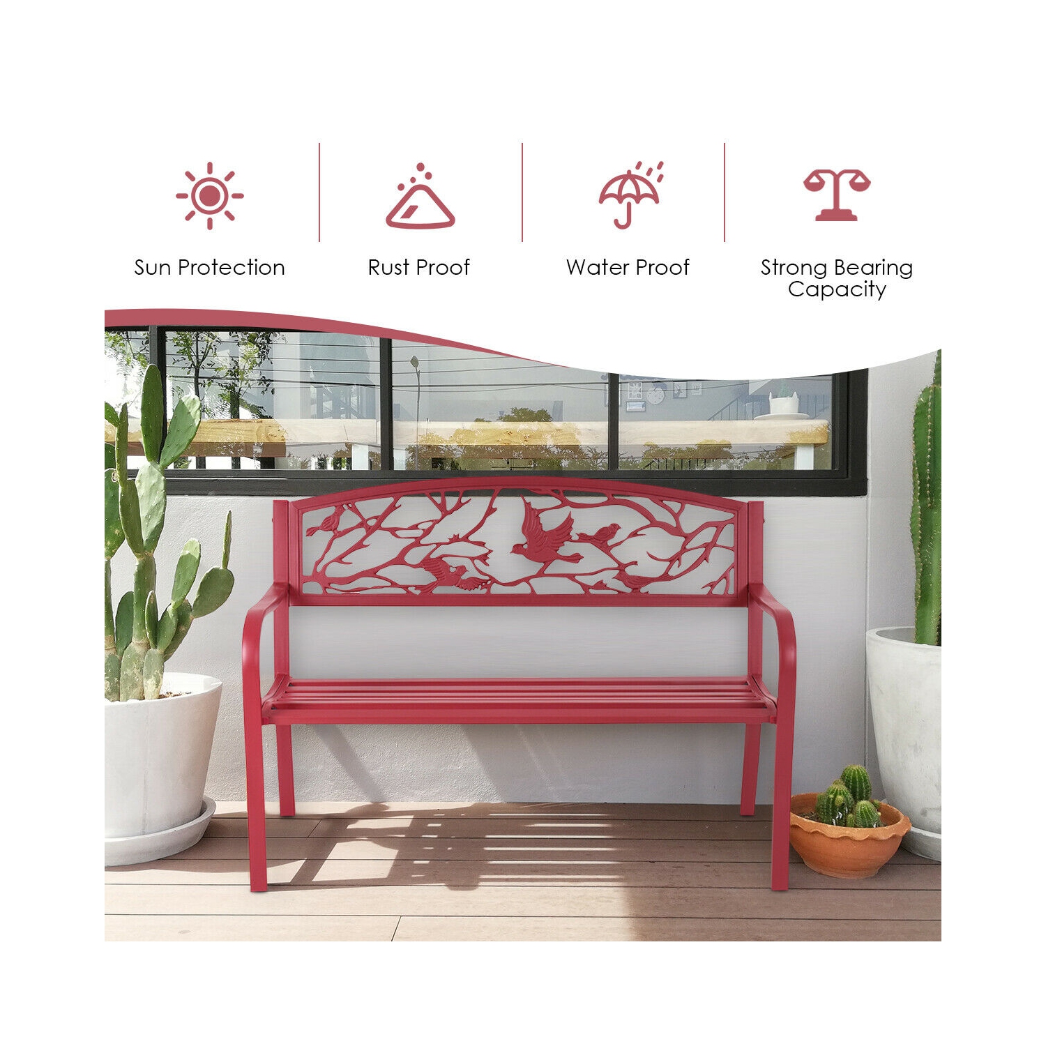 Costway Patio Garden Bench Park Yard Outdoor Furniture Cast Iron Porch Chair Red