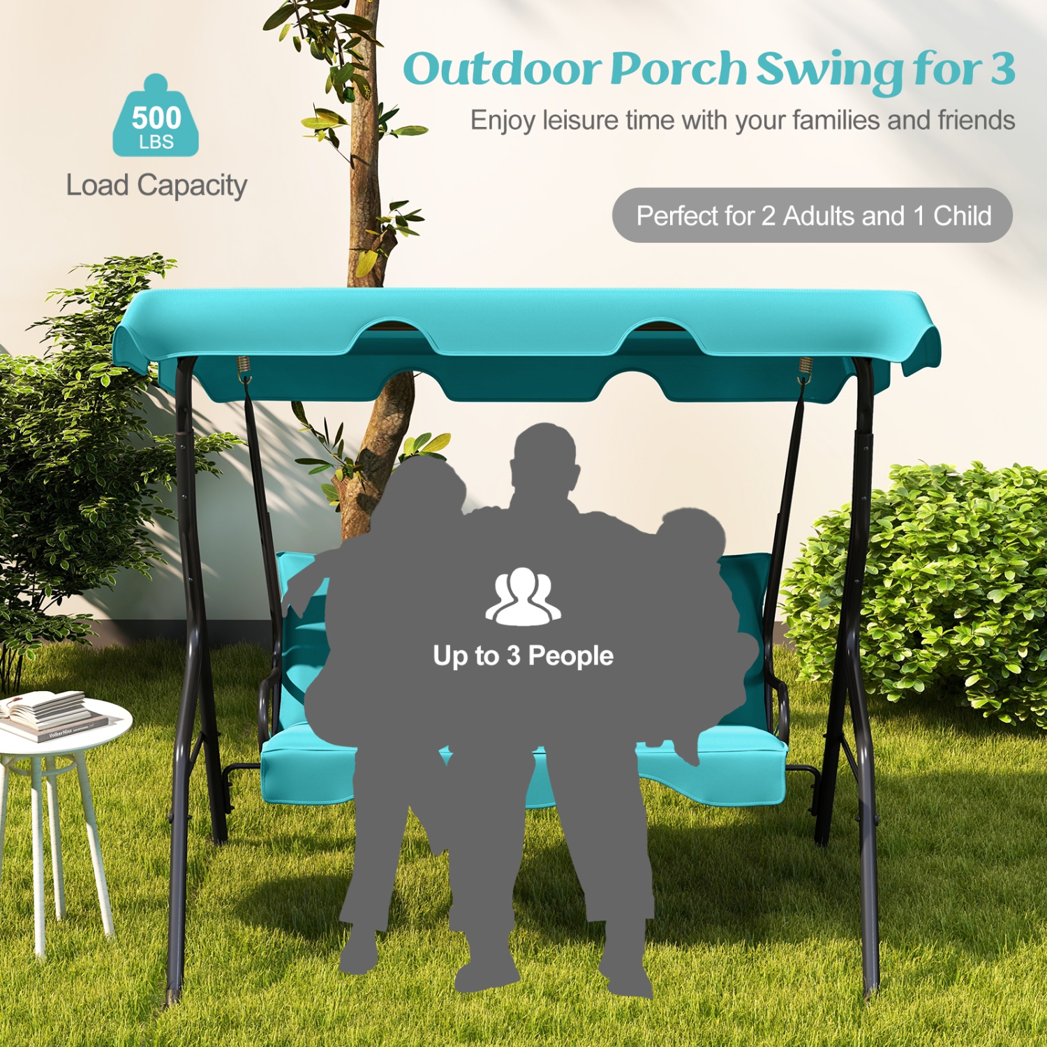 Costway 3 Seats Patio Canopy Swing Glider Hammock Cushioned Steel Frame