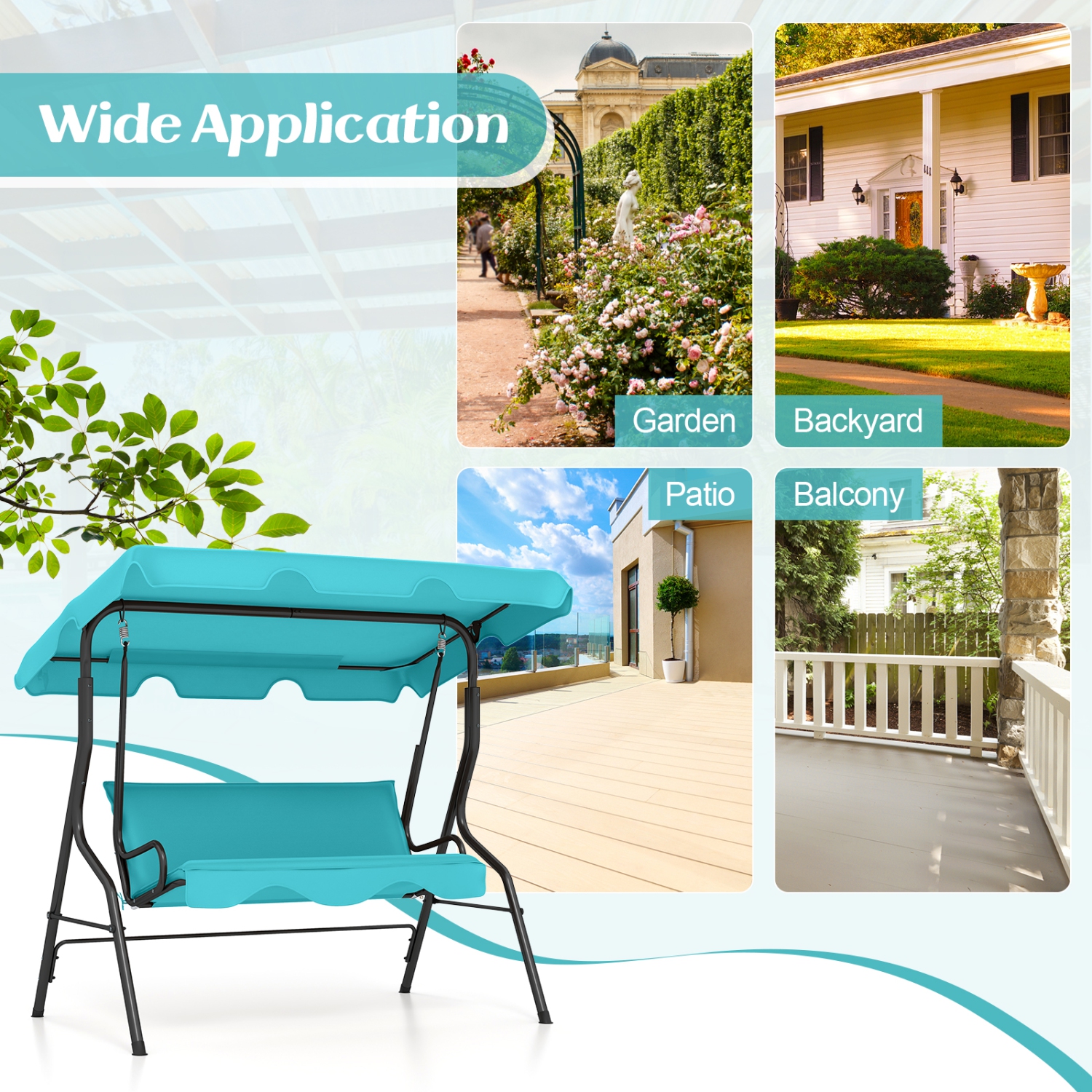 Costway 3 Seats Patio Canopy Swing Glider Hammock Cushioned Steel Frame