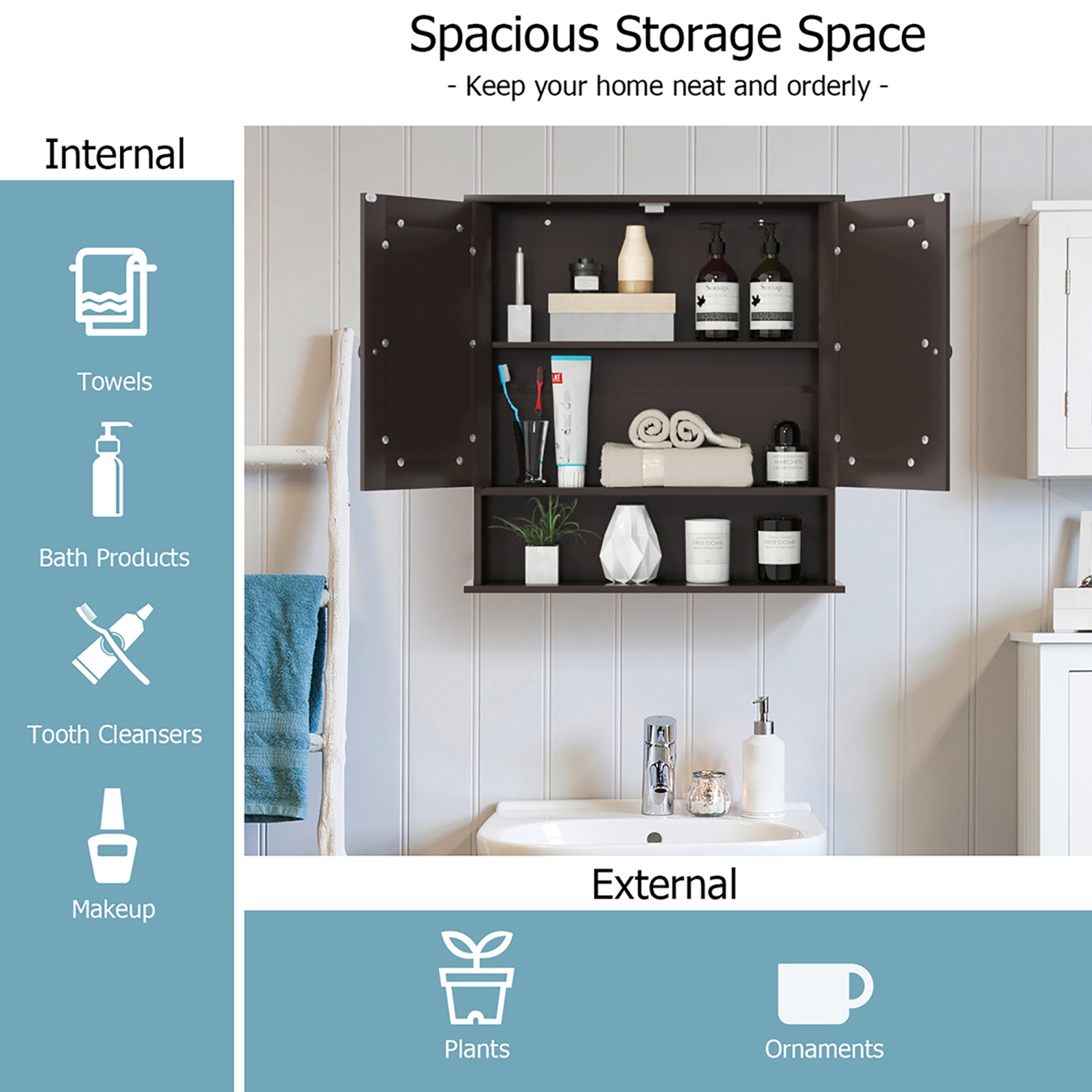 Armoire de Salle de Bain Murale avec Miroir, Armoire de Toilettes Suspendue, Armoire à Pharmacie avec Étagère Réglable, 2 Portes et 3 Étagères pour