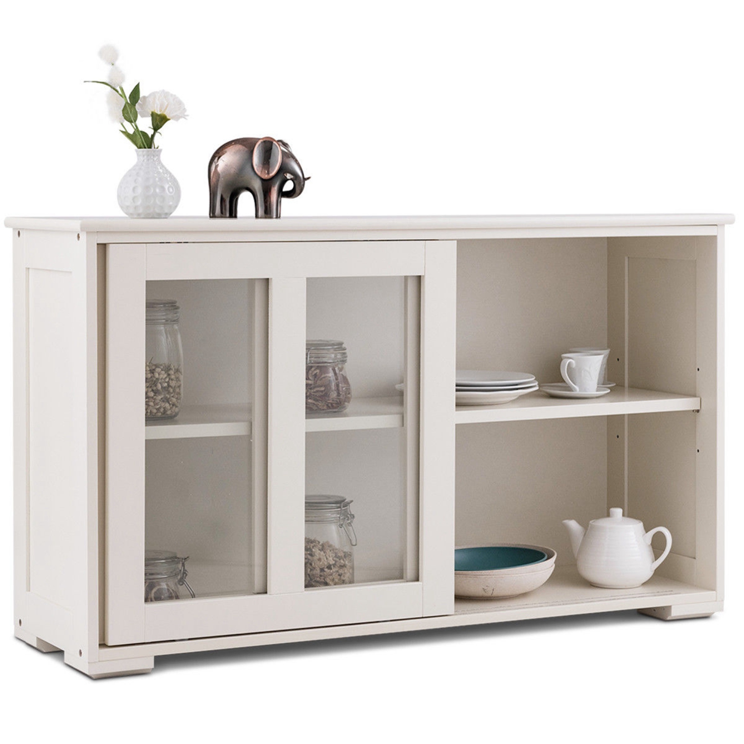 COSTWAY Buffet de Cuisine avec Porte Coulissante en Verre, Meuble Rangement avec 2 Etagères en MDF pour Cuisine Chambre Salon, Blanc
