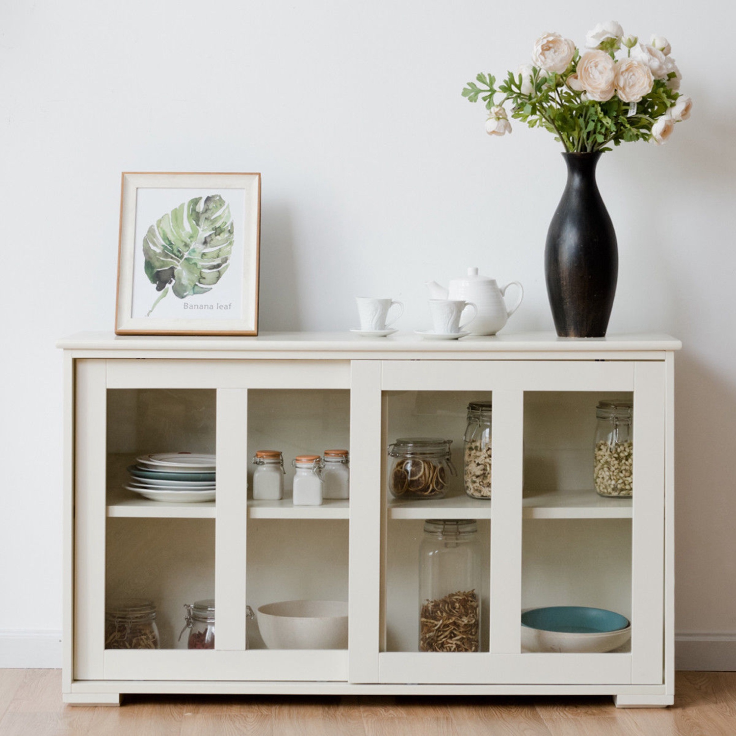 COSTWAY Buffet de Cuisine avec Porte Coulissante en Verre, Meuble Rangement avec 2 Etagères en MDF pour Cuisine Chambre Salon, Blanc