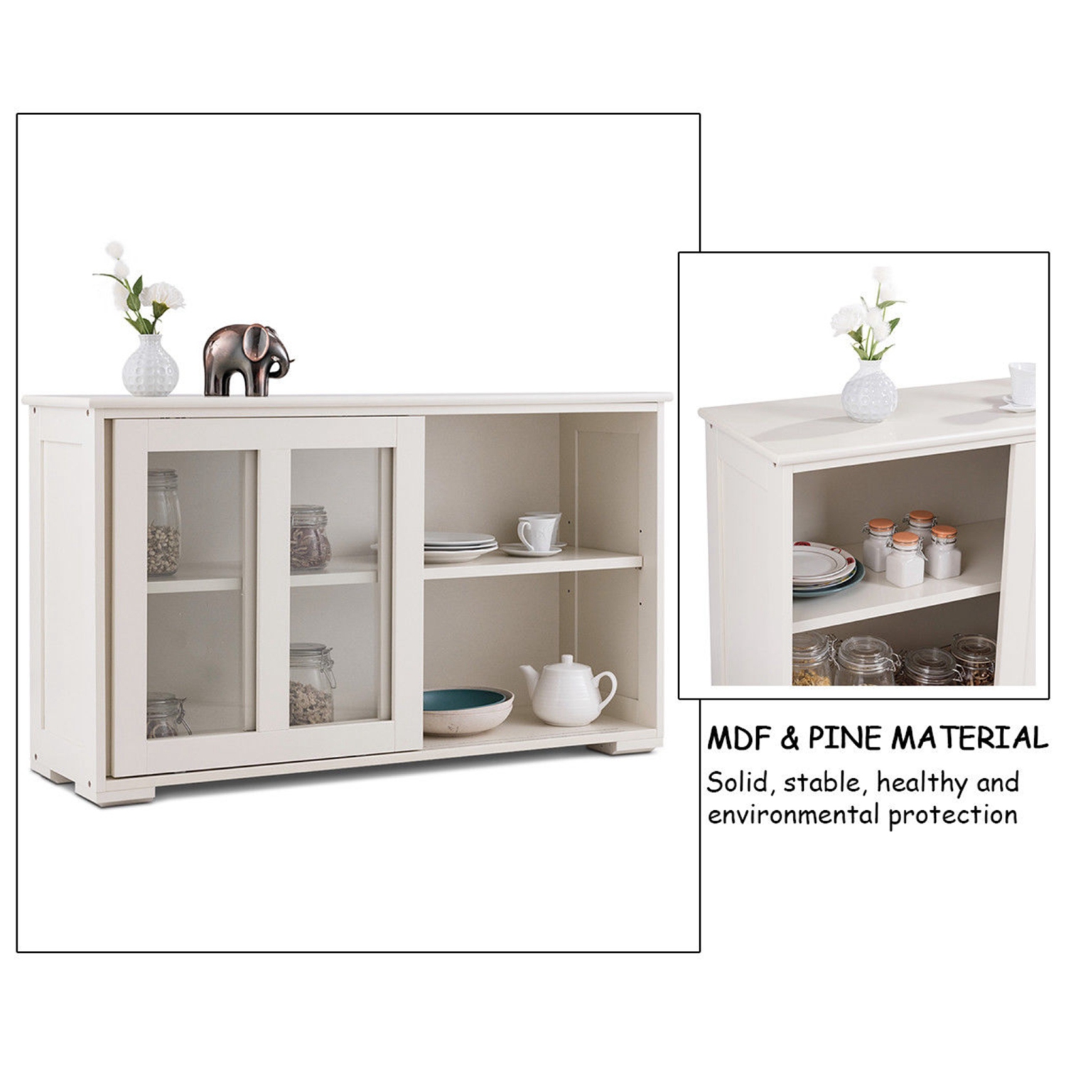 COSTWAY Buffet de Cuisine avec Porte Coulissante en Verre, Meuble Rangement avec 2 Etagères en MDF pour Cuisine Chambre Salon, Blanc
