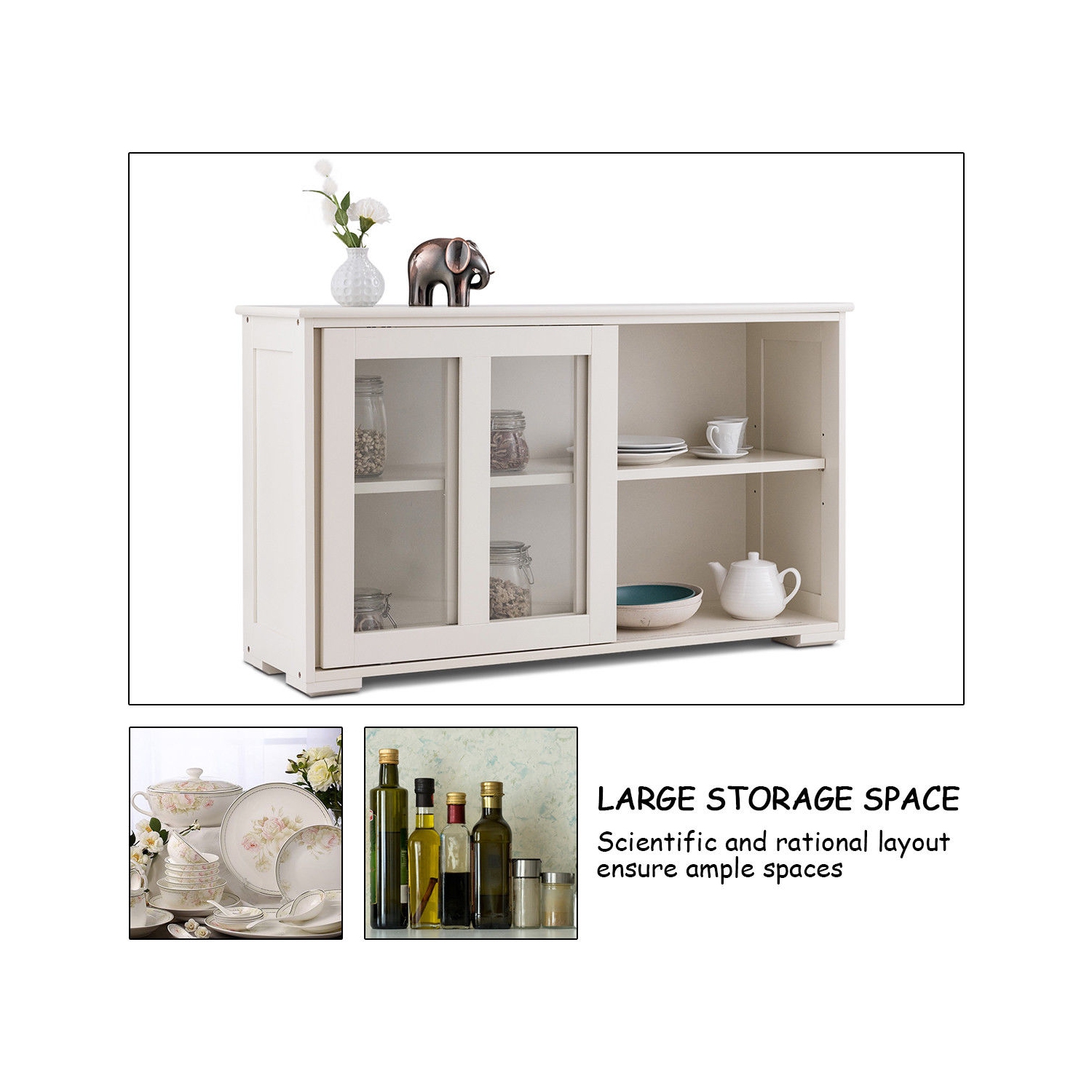 COSTWAY Buffet de Cuisine avec Porte Coulissante en Verre, Meuble Rangement avec 2 Etagères en MDF pour Cuisine Chambre Salon, Blanc