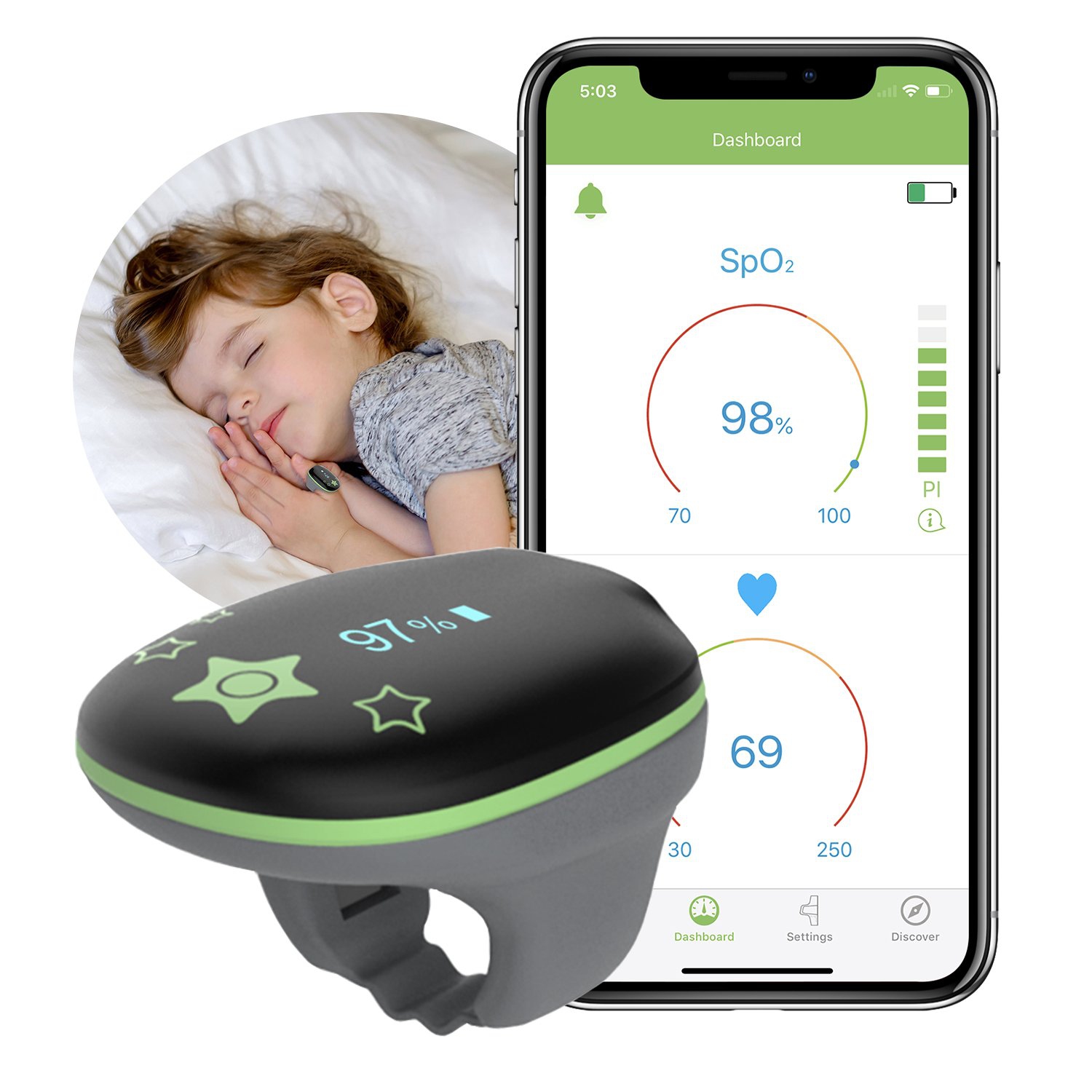 LOOKEE® KidsO2™ Sleep Monitor with Audio Reminder & App Notification for Low O2 | Tracks Heart Rate, Oxygen Saturation Level
