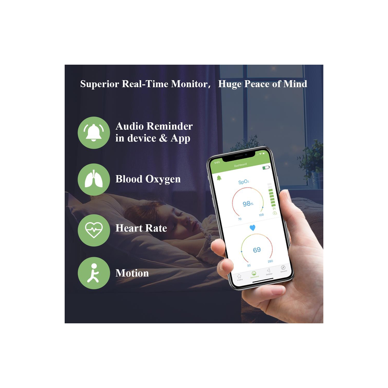 LOOKEE® KidsO2™ Sleep Monitor with Audio Reminder & App Notification for Low O2 | Tracks Heart Rate, Oxygen Saturation Level