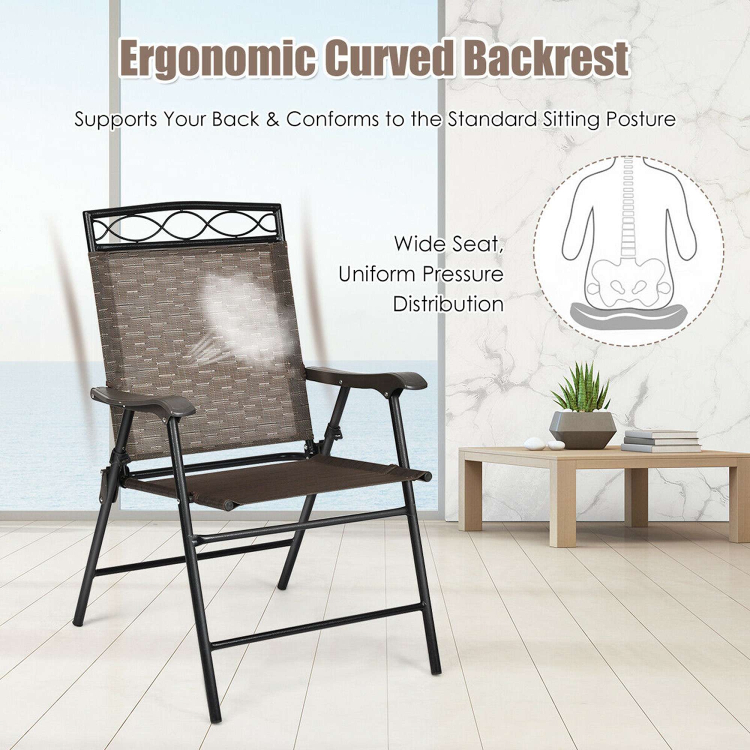 Costway Set of 4 Patio Folding Chairs Sling Portable Dining Chair Set w/ Armrest