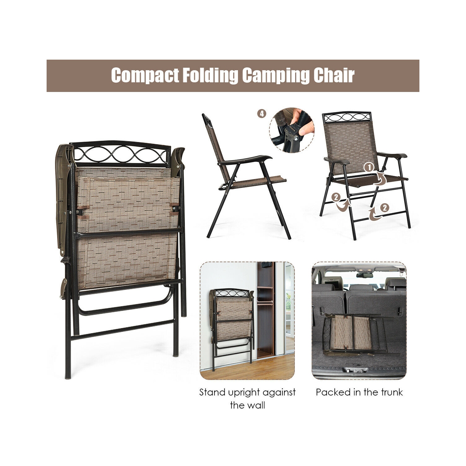 Costway Set of 4 Patio Folding Chairs Sling Portable Dining Chair Set w/ Armrest