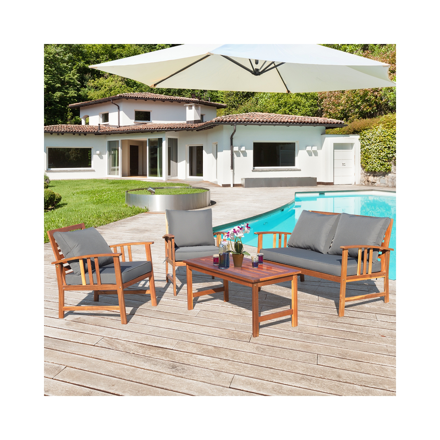 Costway 4PCS Wooden Patio Furniture Set Table Sofa Chair Cushioned Garden NEW