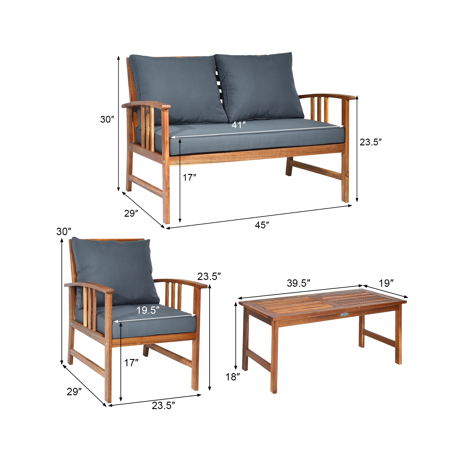 Costway 4PCS Wooden Patio Furniture Set Table Sofa Chair Cushioned Garden NEW