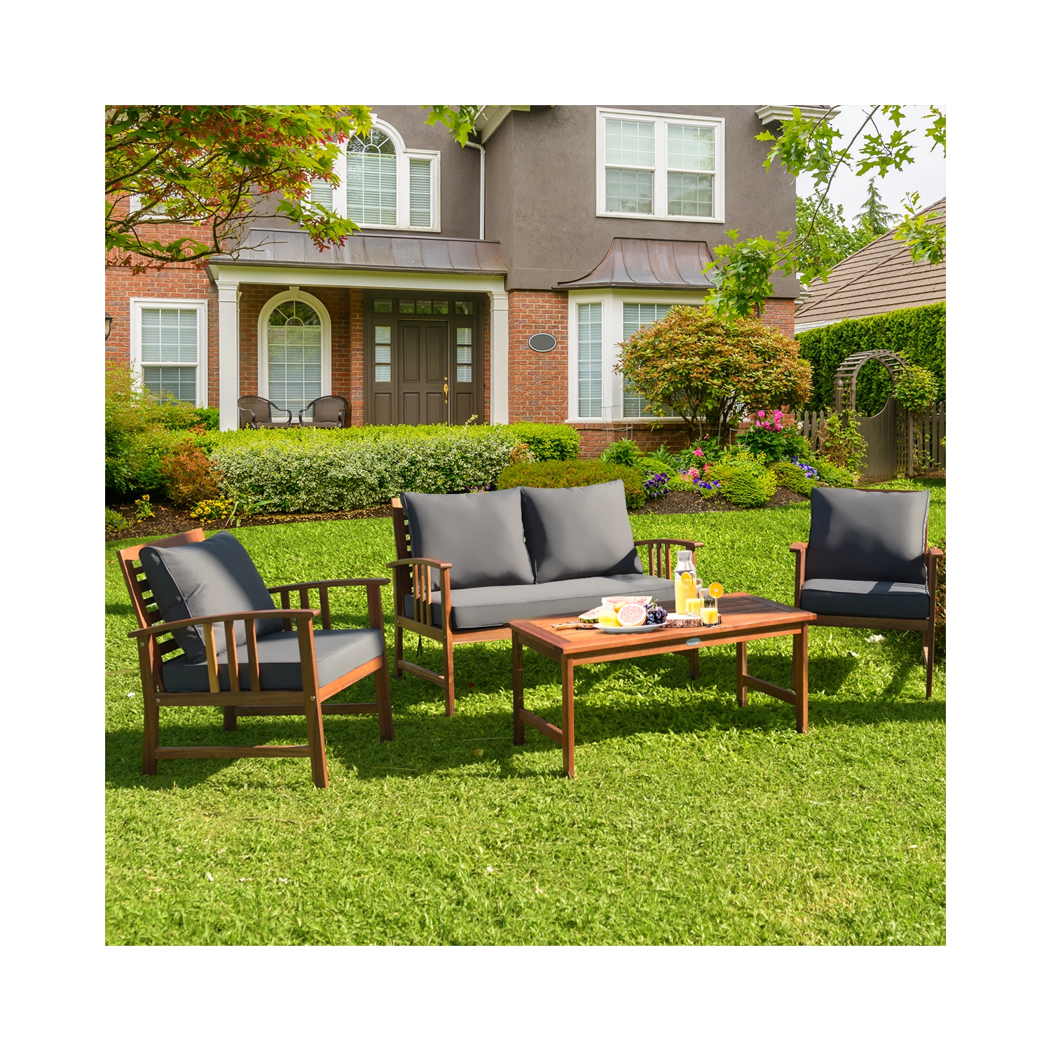 Costway 4PCS Wooden Patio Furniture Set Table Sofa Chair Cushioned Garden NEW