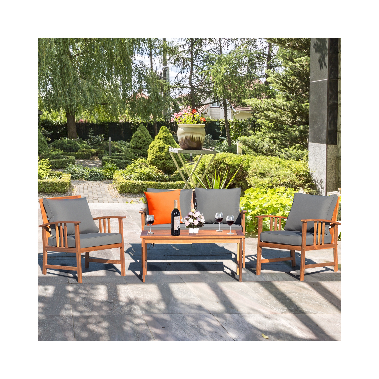 Costway 4PCS Wooden Patio Furniture Set Table Sofa Chair Cushioned Garden NEW